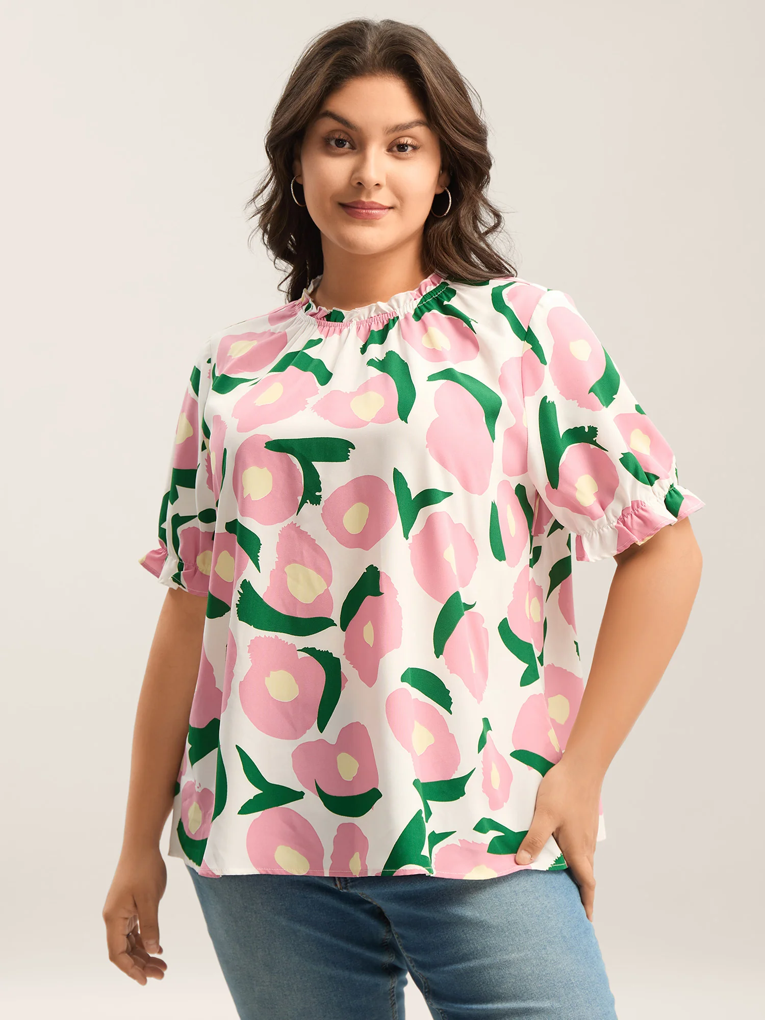 Floral Print Ruffled Neck Puffy Sleeve Blouse