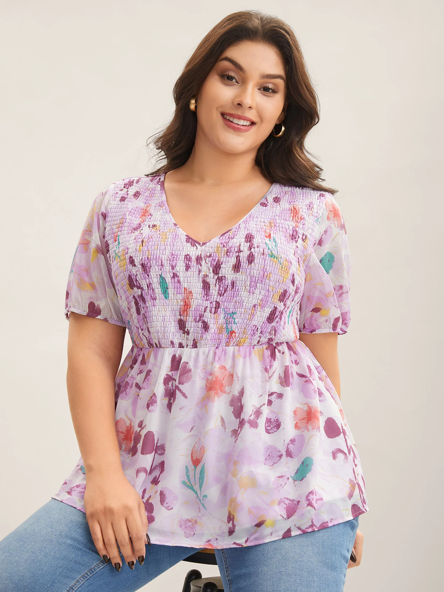 Floral Print Shirred Bodice Blouse