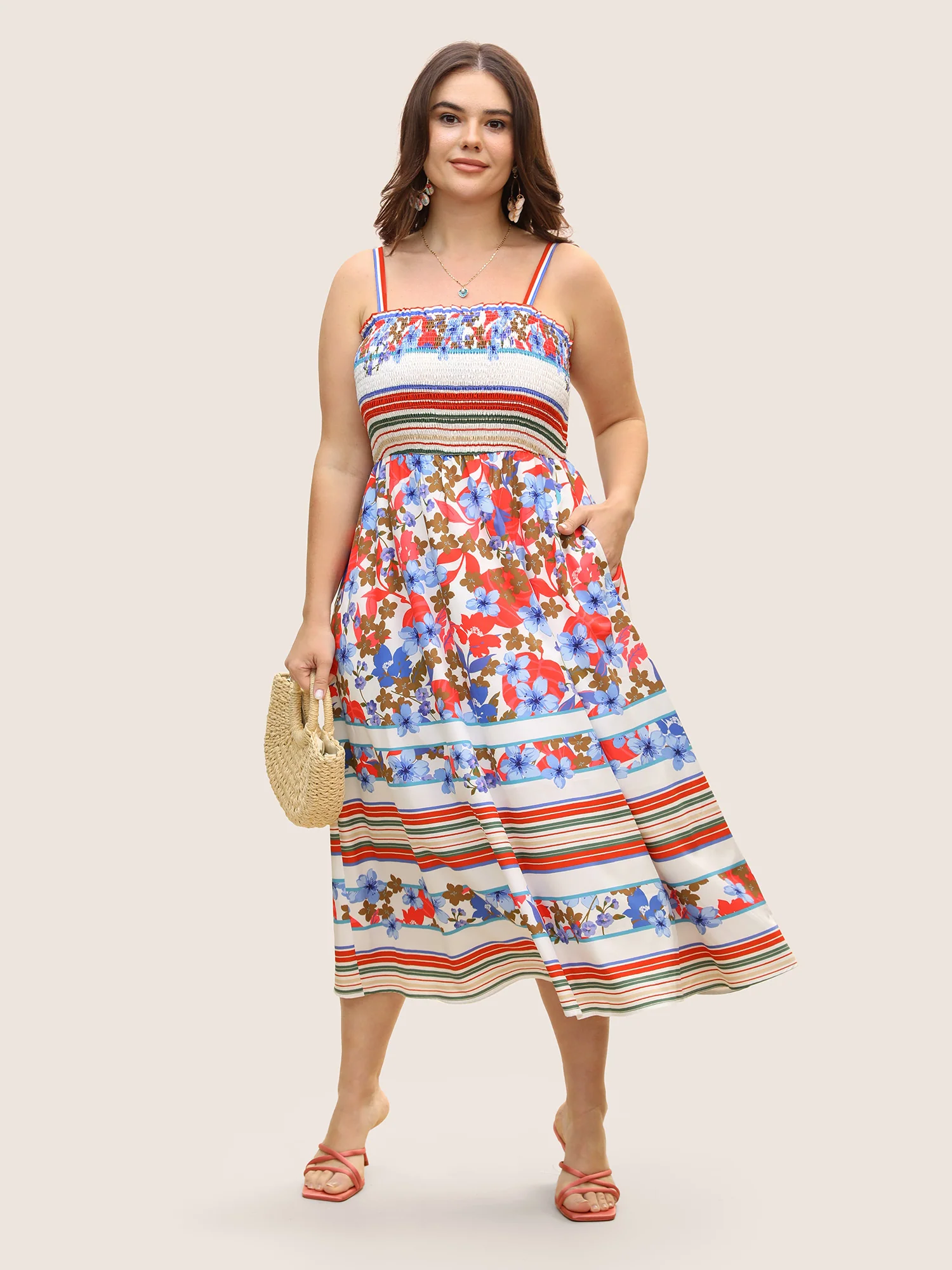Floral Print Shirred Cami Midi Dress