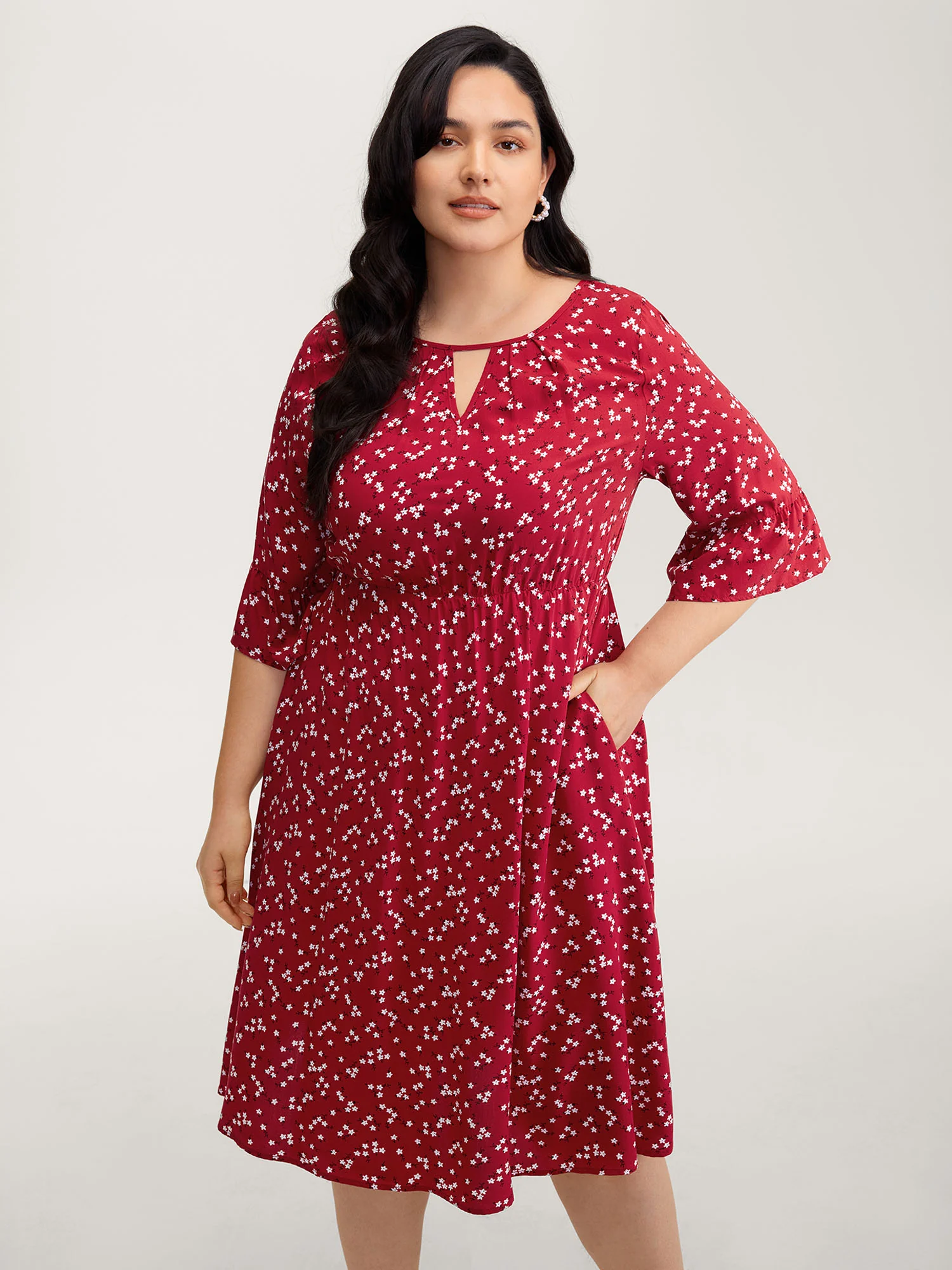 Floral Print Shirred Cut-Out Neck Midi Dress