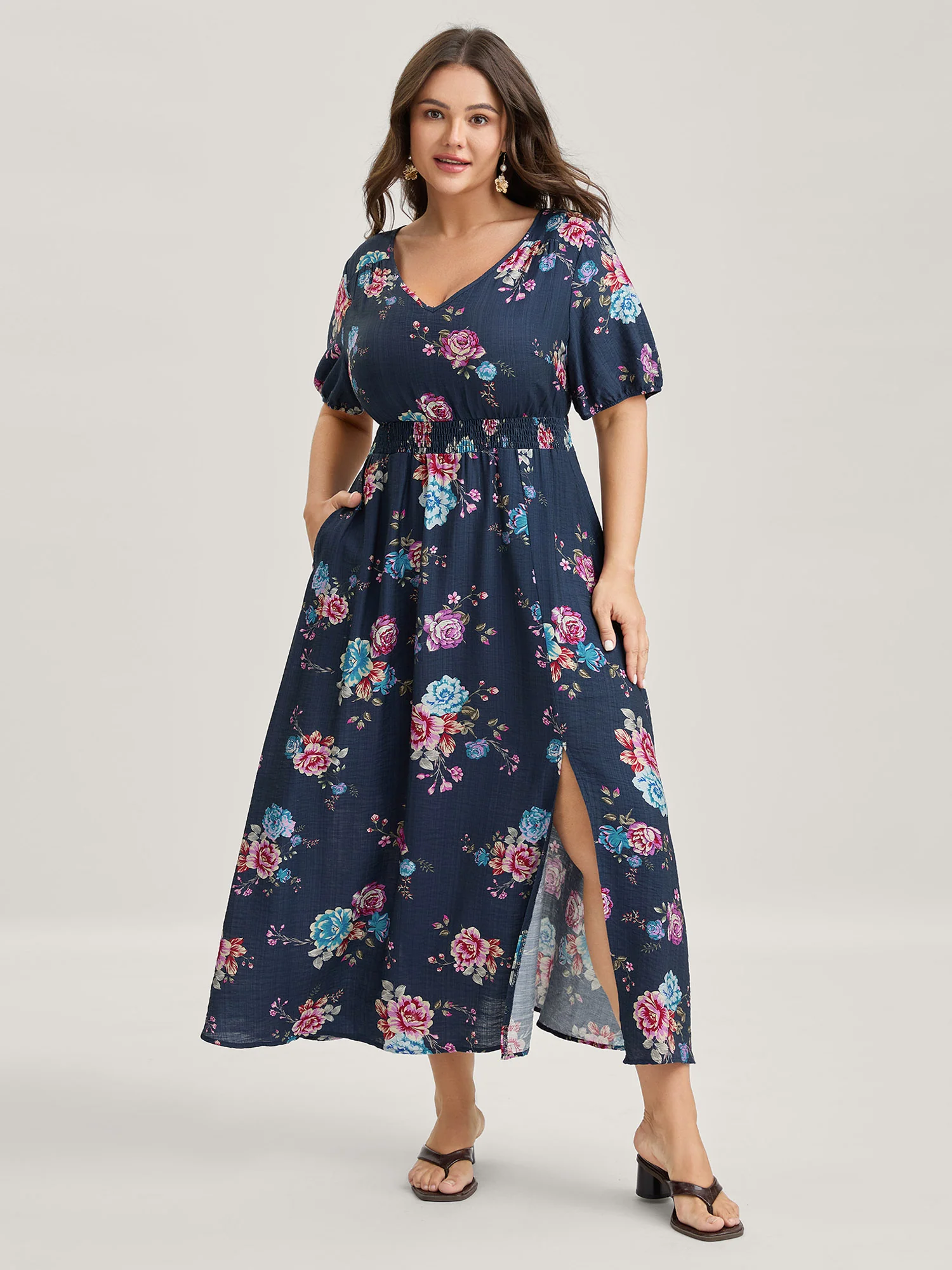 Floral Print Shirred Waist Slit Midi Dress