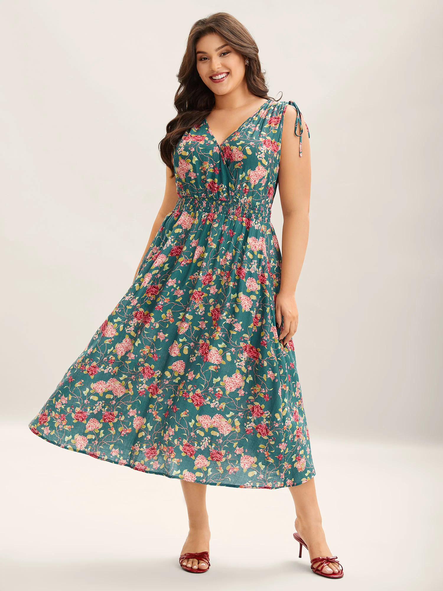 Floral Print Shoulder Tie Pockets Maxi Dress