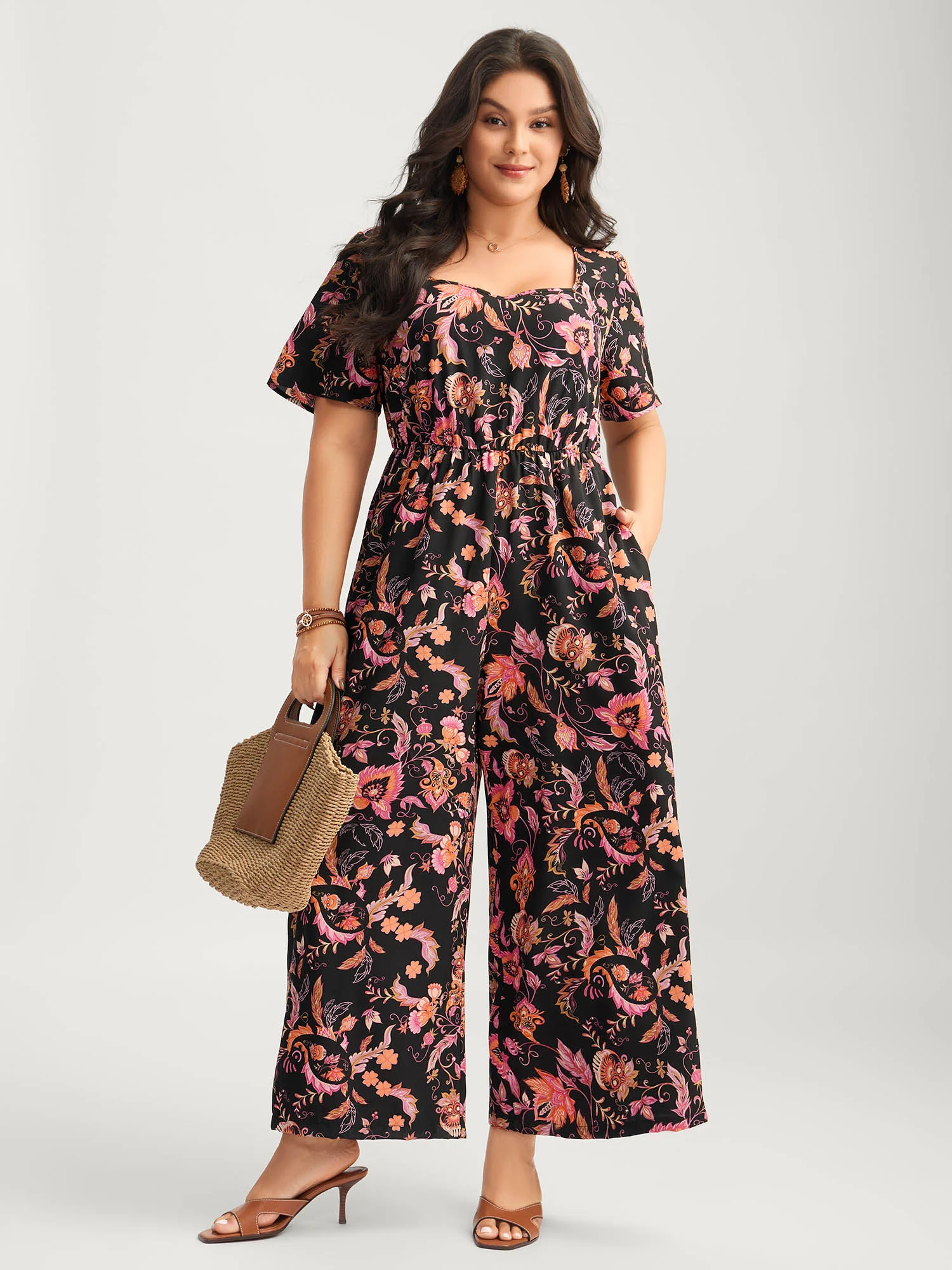 Floral Print Square Neck Pockets Jumpsuit