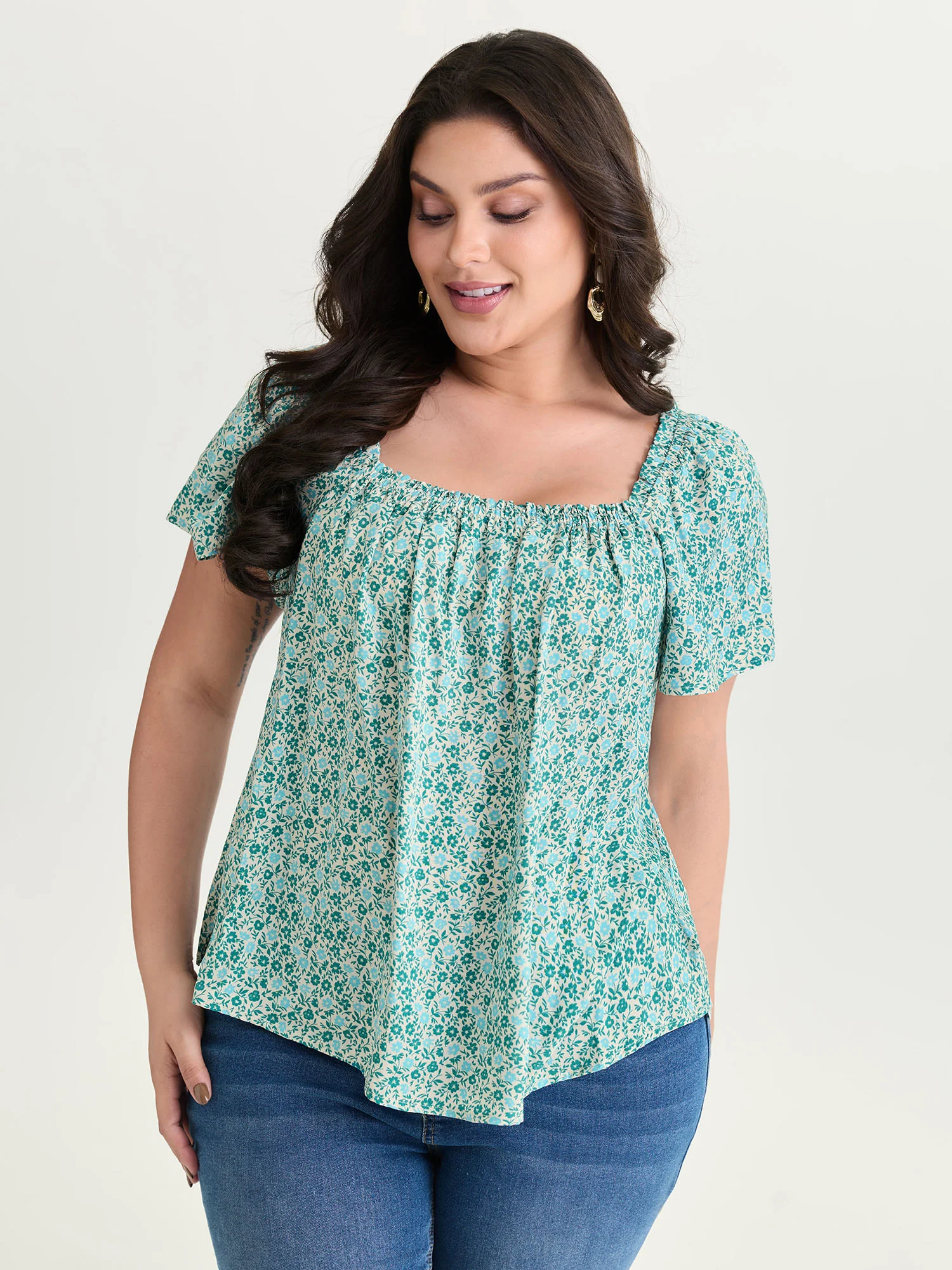 Floral Print Square Neckline Blouse
