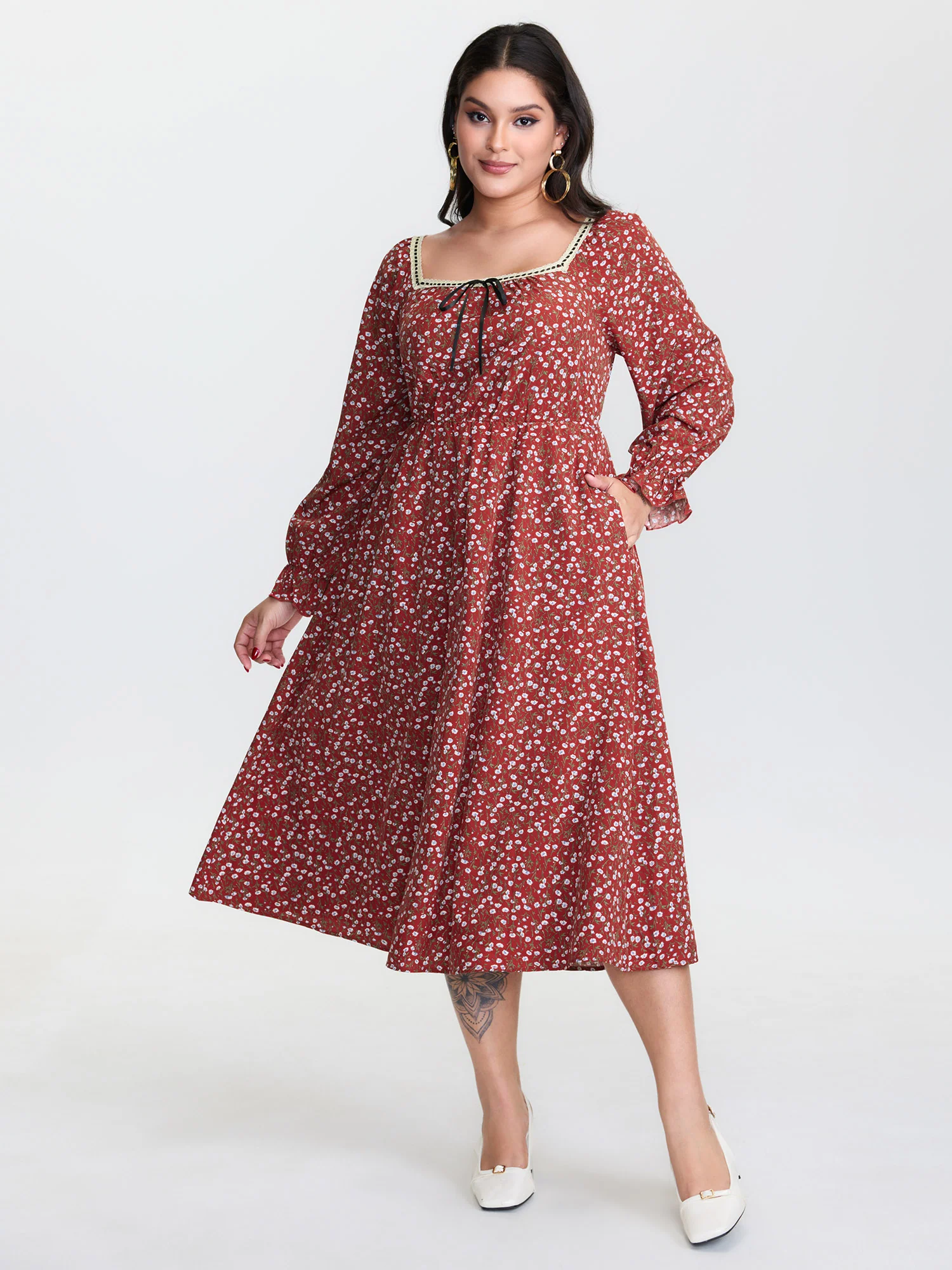 Floral Print Square Neckline Drawstring Midi Dress