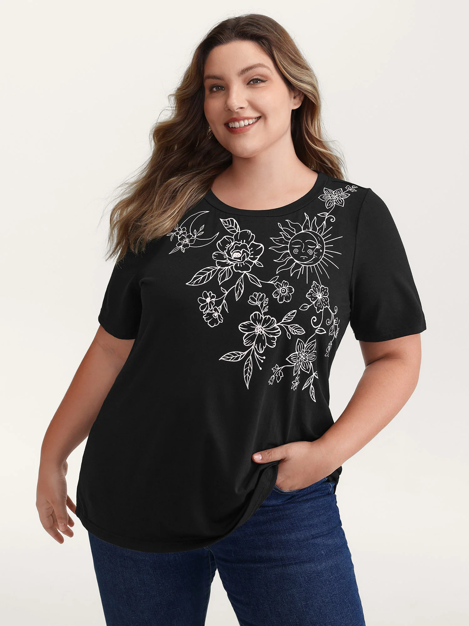 Floral Print Stretchy Round Neck T-Shirt