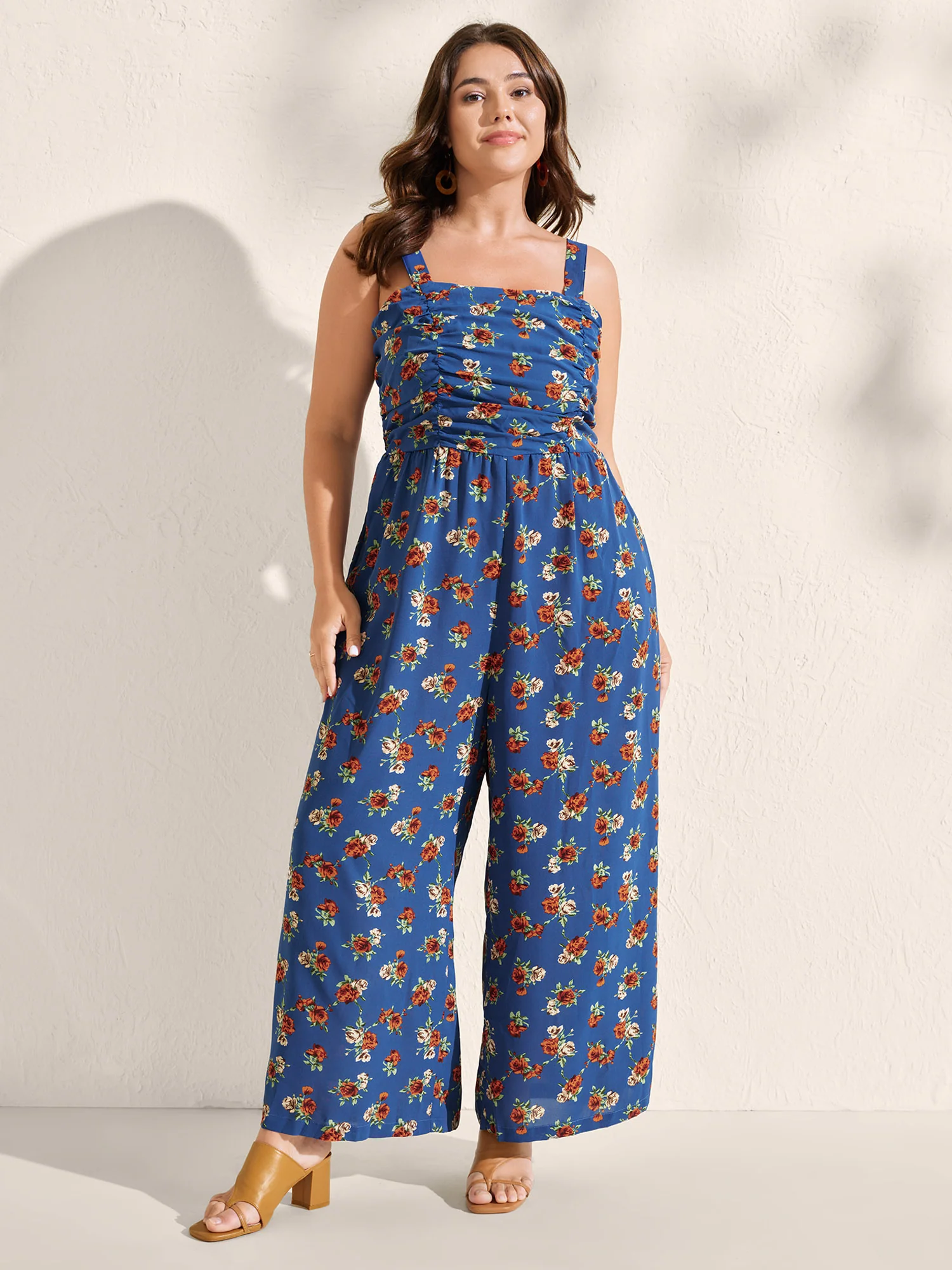 Floral Print Stretchy Waist Shirred Back Jumpsuit