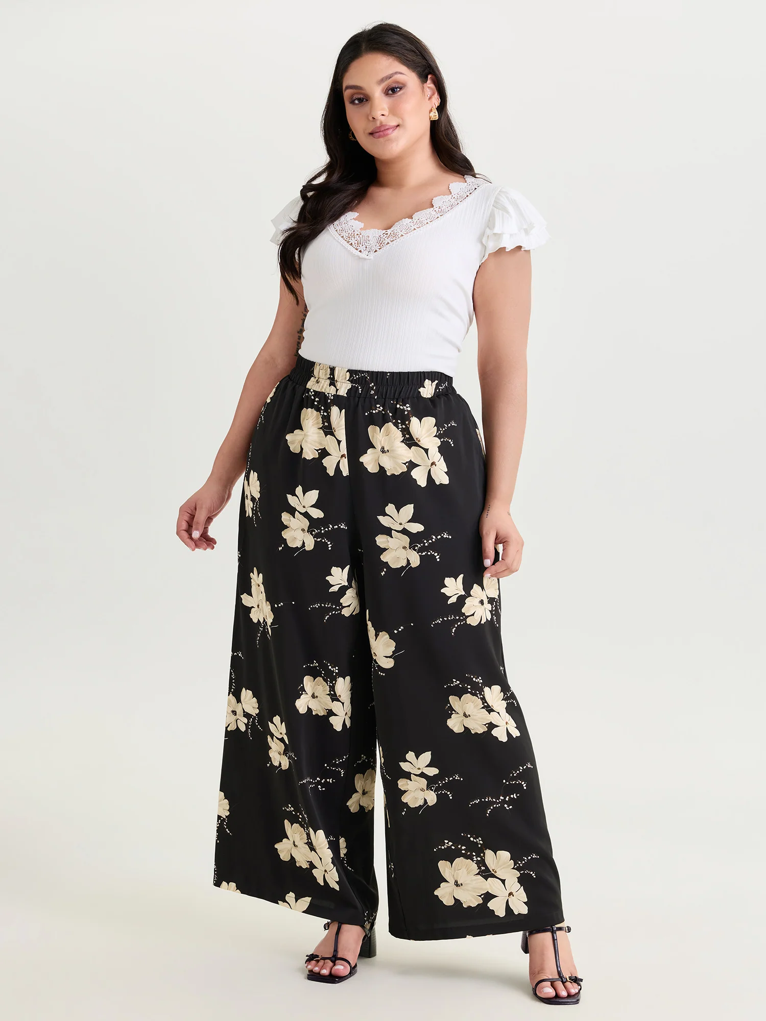 Floral Print Stretchy Waist Wide-Leg Pants