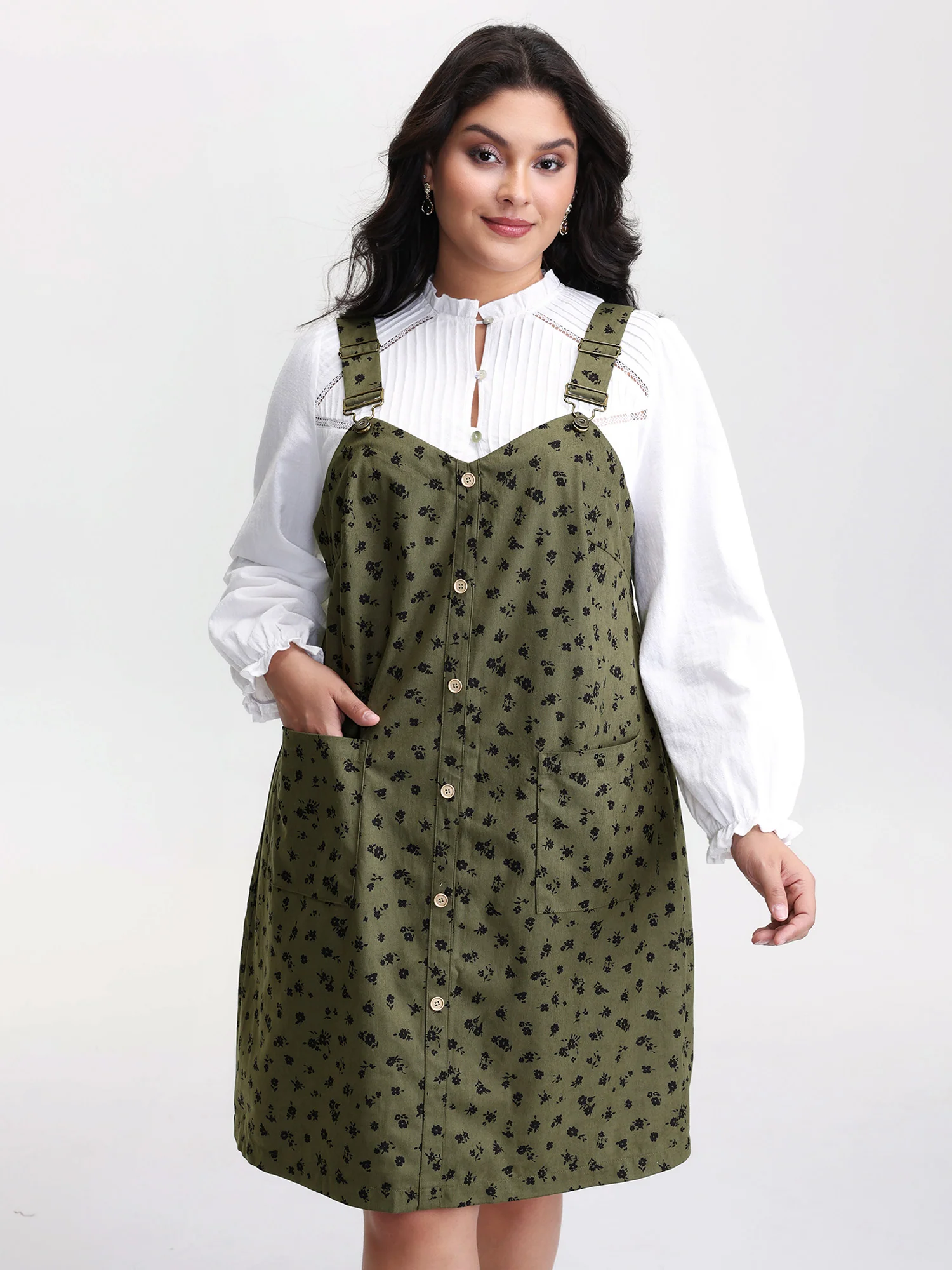 Floral Print Textured Overall Adjustable Midi Dress