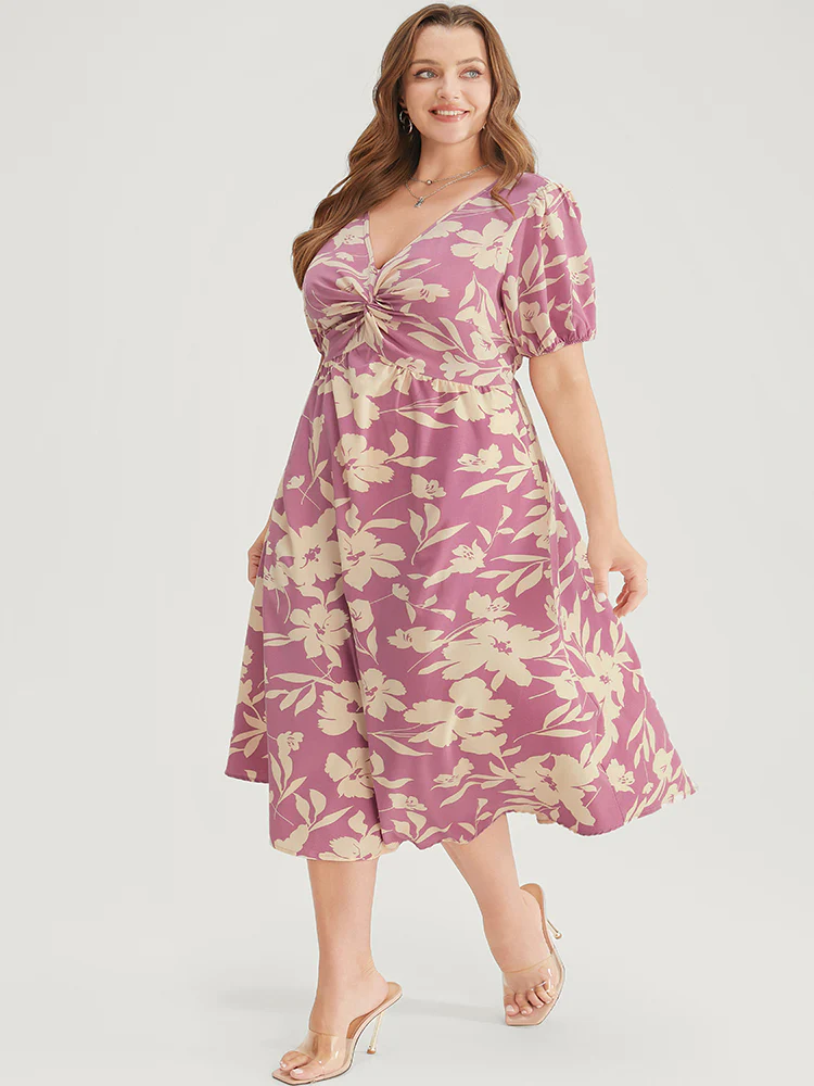 Floral Print Twist Front Puff Sleeve Pocket Ruffles Dress