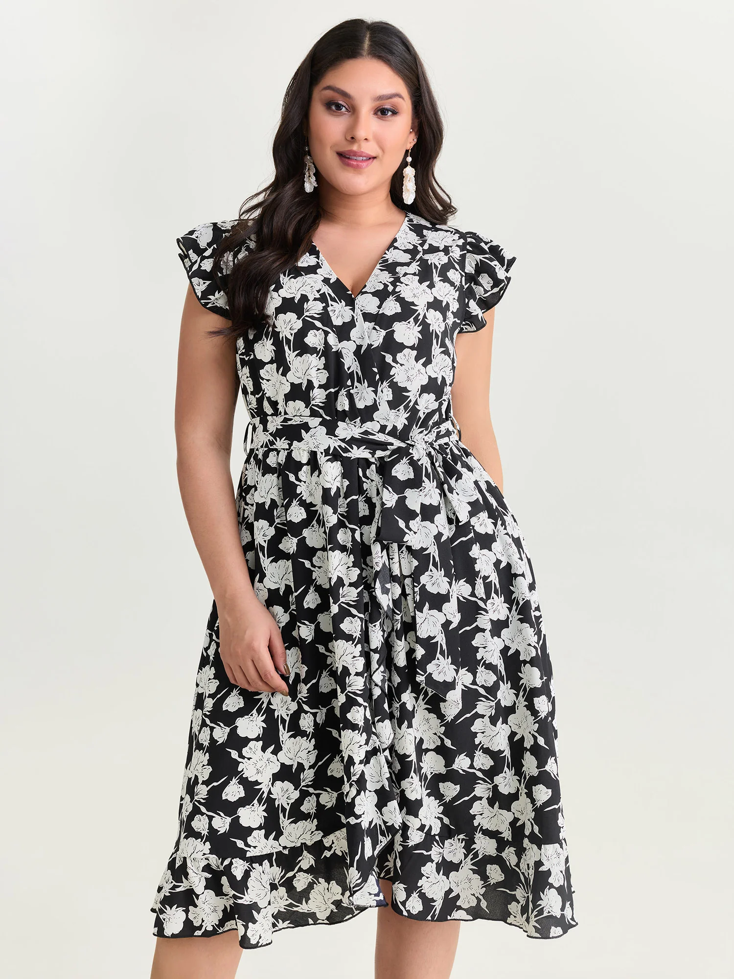 Floral Print Wrap Neckline Side Tie Midi Dress