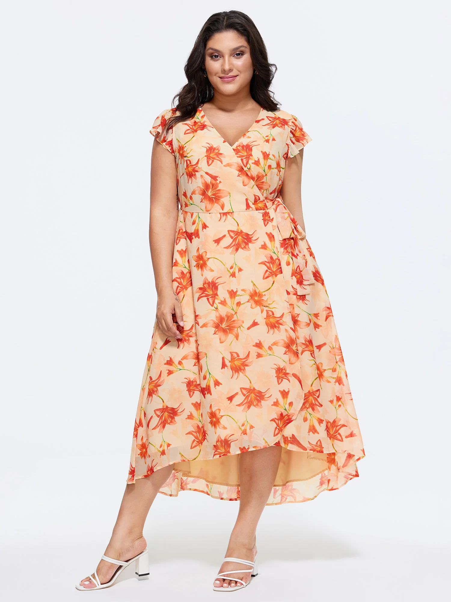 Floral Print Wrap-Tie Front High Low Hem Midi Dress
