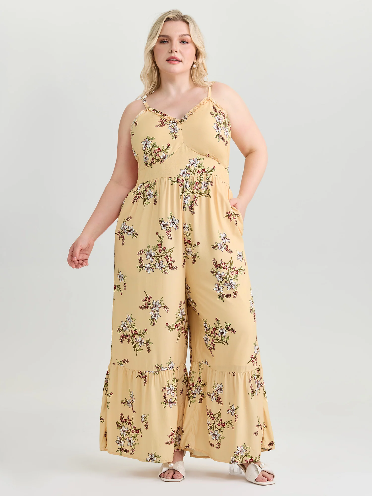 Floral Ruffled Neckline Cinched-Waist Jumpsuit