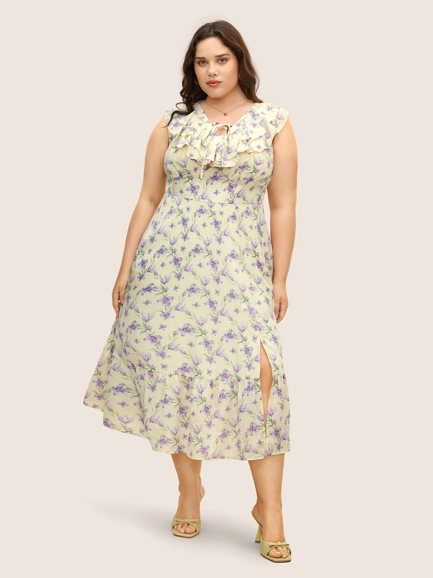 Floral Ruffles Shirred Sleeveless Midi Dress