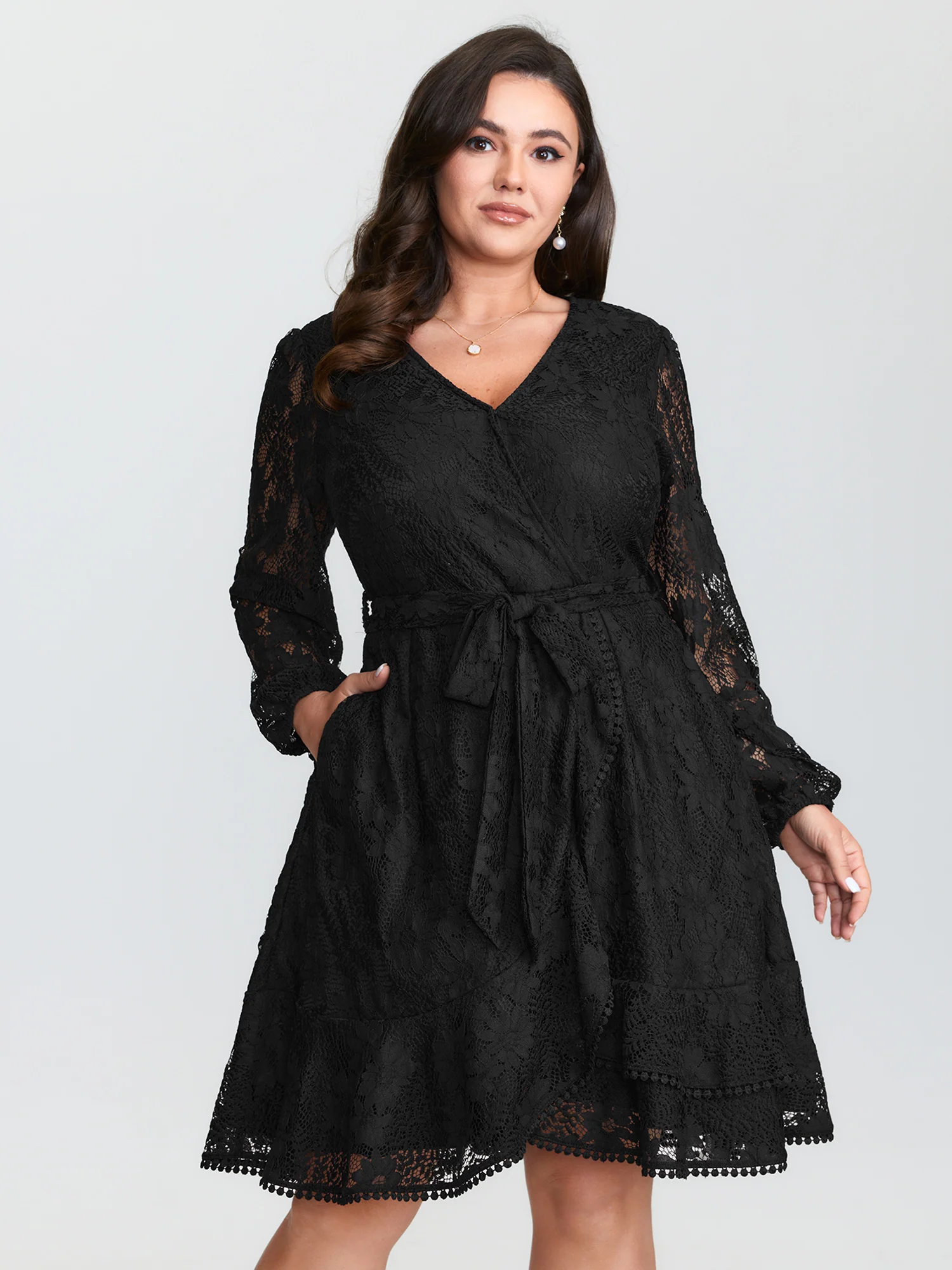Floral Sheer Lace Waist-Tie Mini Dress