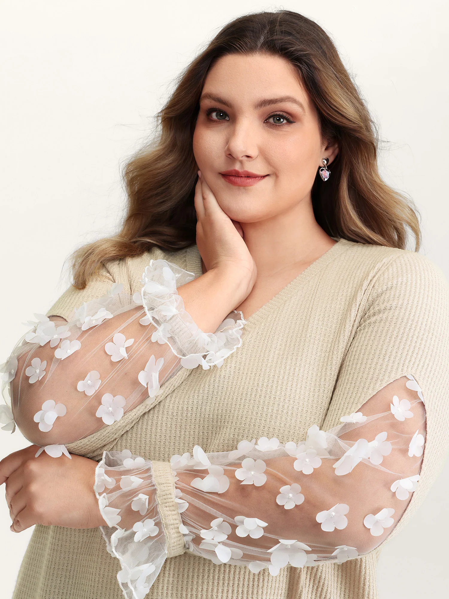 Floral Sheer Textured Sleeve V-Neck Sweatshirt