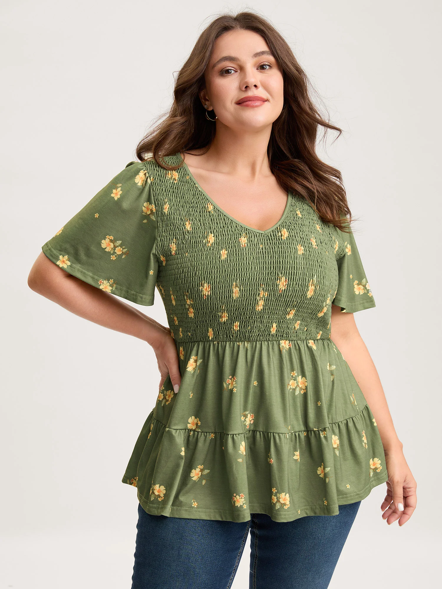 Floral Shirred Tiered Knit Top