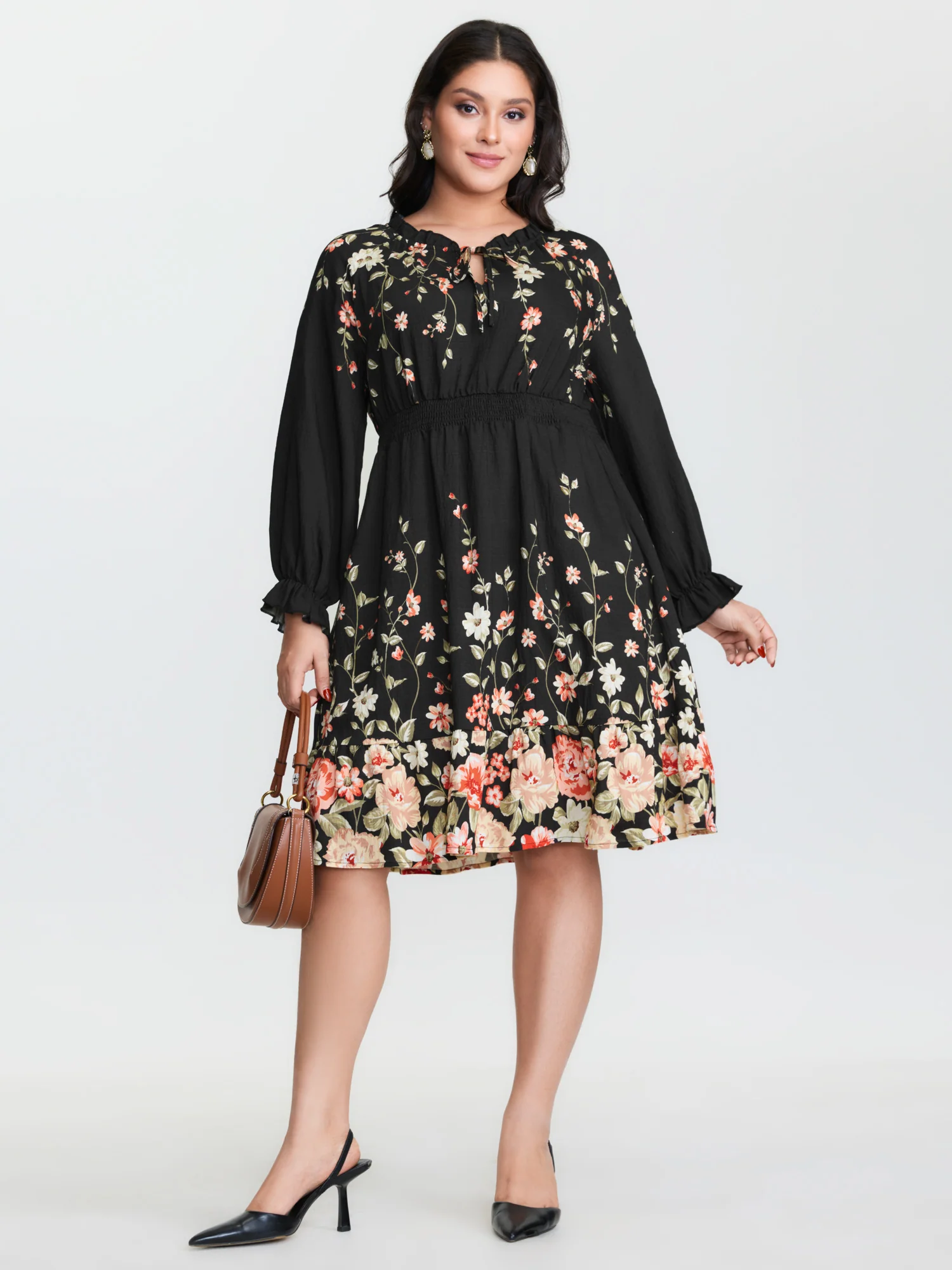Floral Shirred Waist Neck-Tie Mini Dress