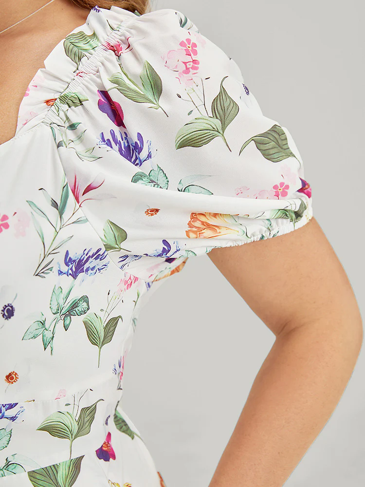 Floral Split Hem Button Detail Pocket Ruched Puff Sleeve Dress - Image 10