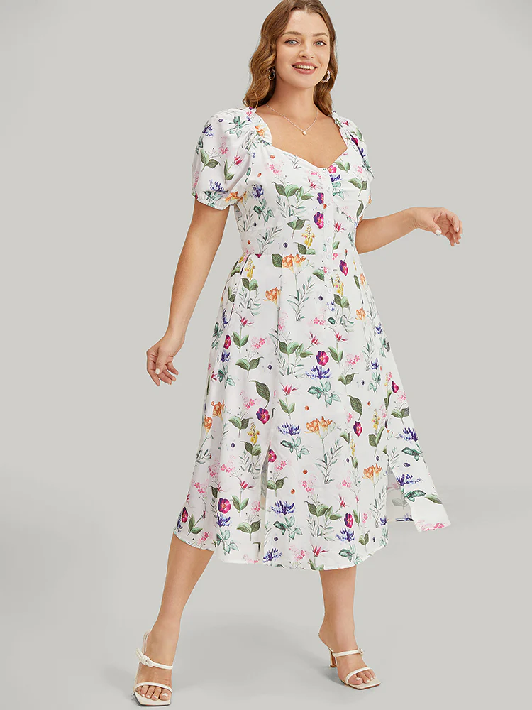 Floral Split Hem Button Detail Pocket Ruched Puff Sleeve Dress - Image 4