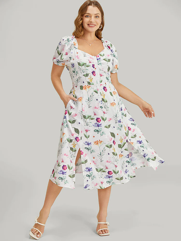 Floral Split Hem Button Detail Pocket Ruched Puff Sleeve Dress - Image 5
