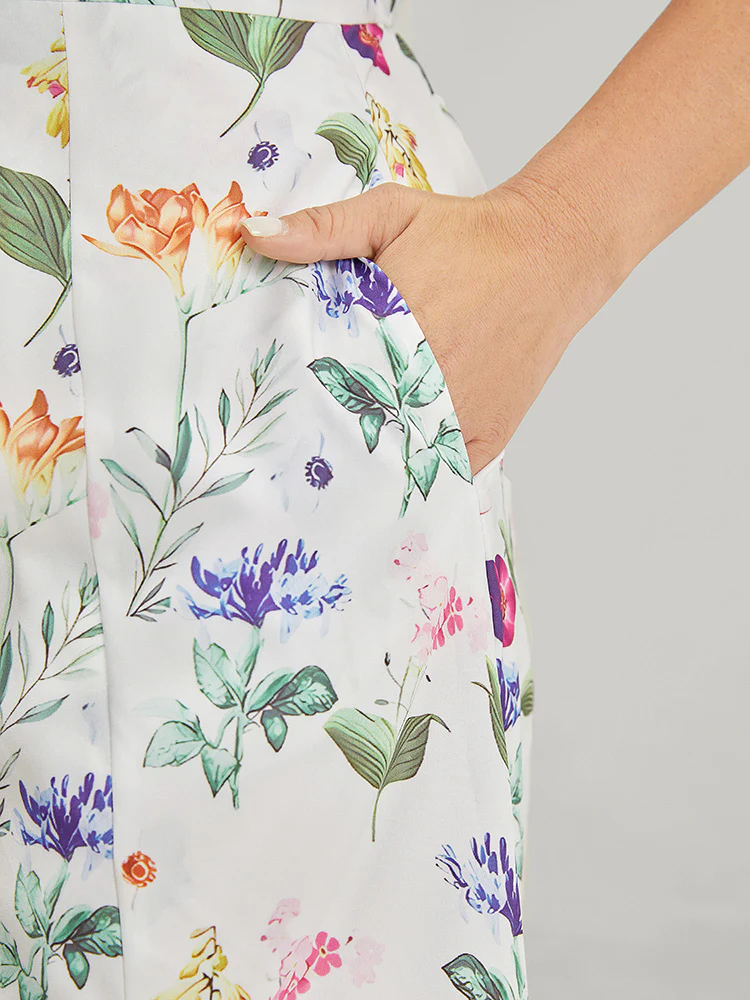 Floral Split Hem Button Detail Pocket Ruched Puff Sleeve Dress - Image 9