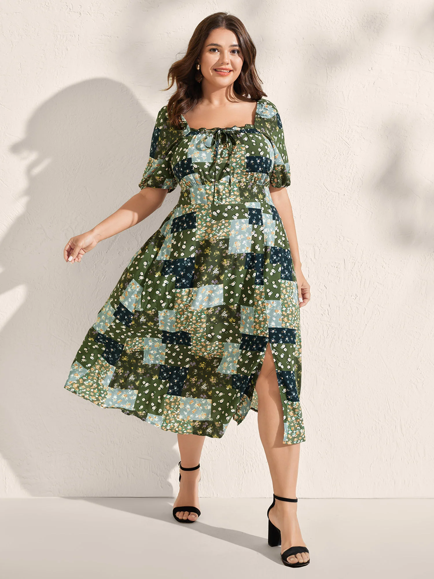 Floral Split Hem Neck Tie Midi Dress