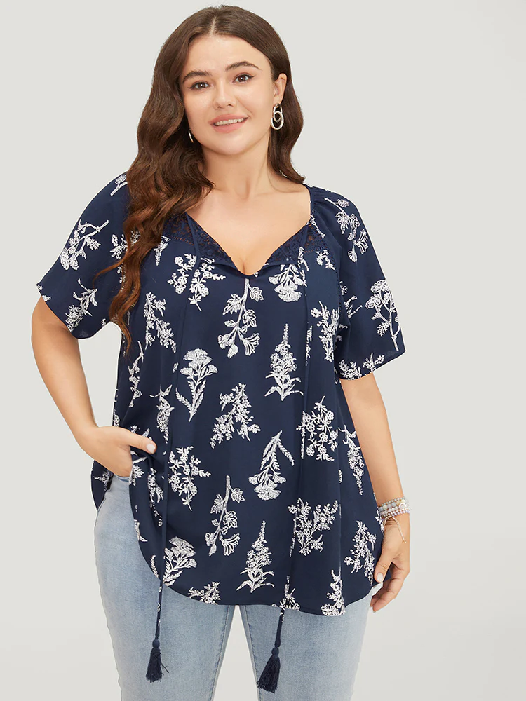 Floral Tassels Tie Neck Contrast Lace Blouse