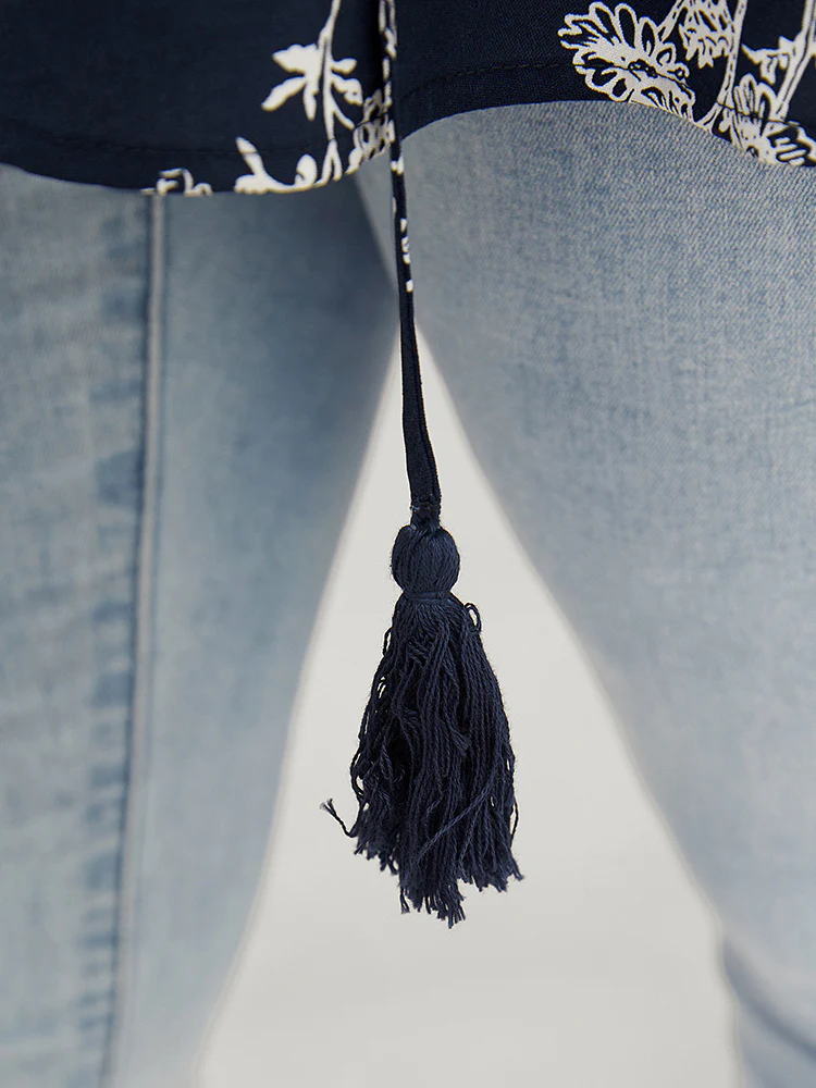 Floral Tassels Tie Neck Contrast Lace Blouse - Image 7