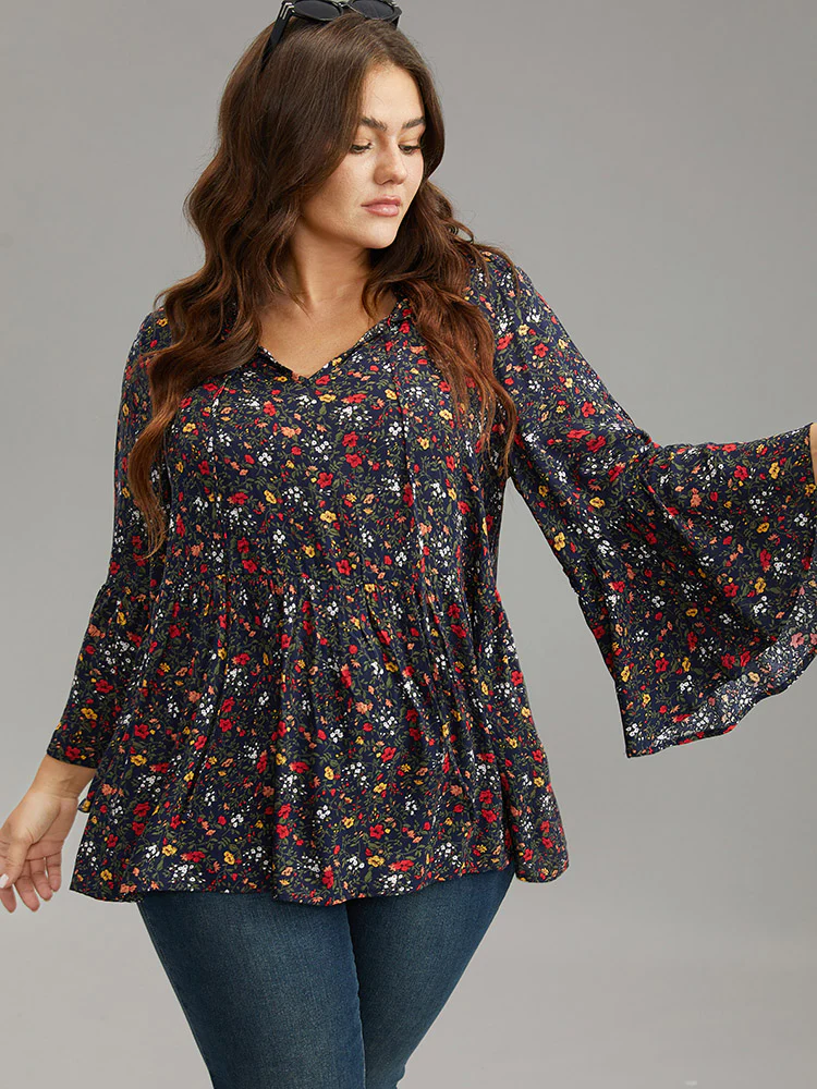 Floral Tie Neck Frill Trim Bell Sleeve Blouse