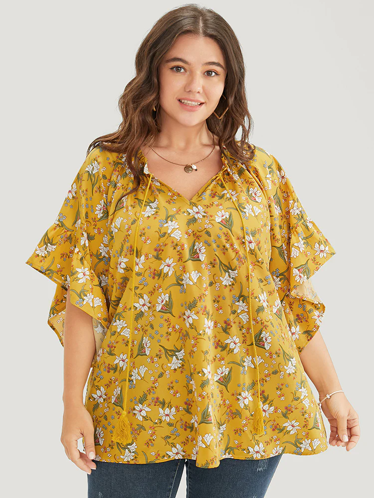 Floral Tie Neck Tassels Frill Trim Ruffle Sleeve Blouse