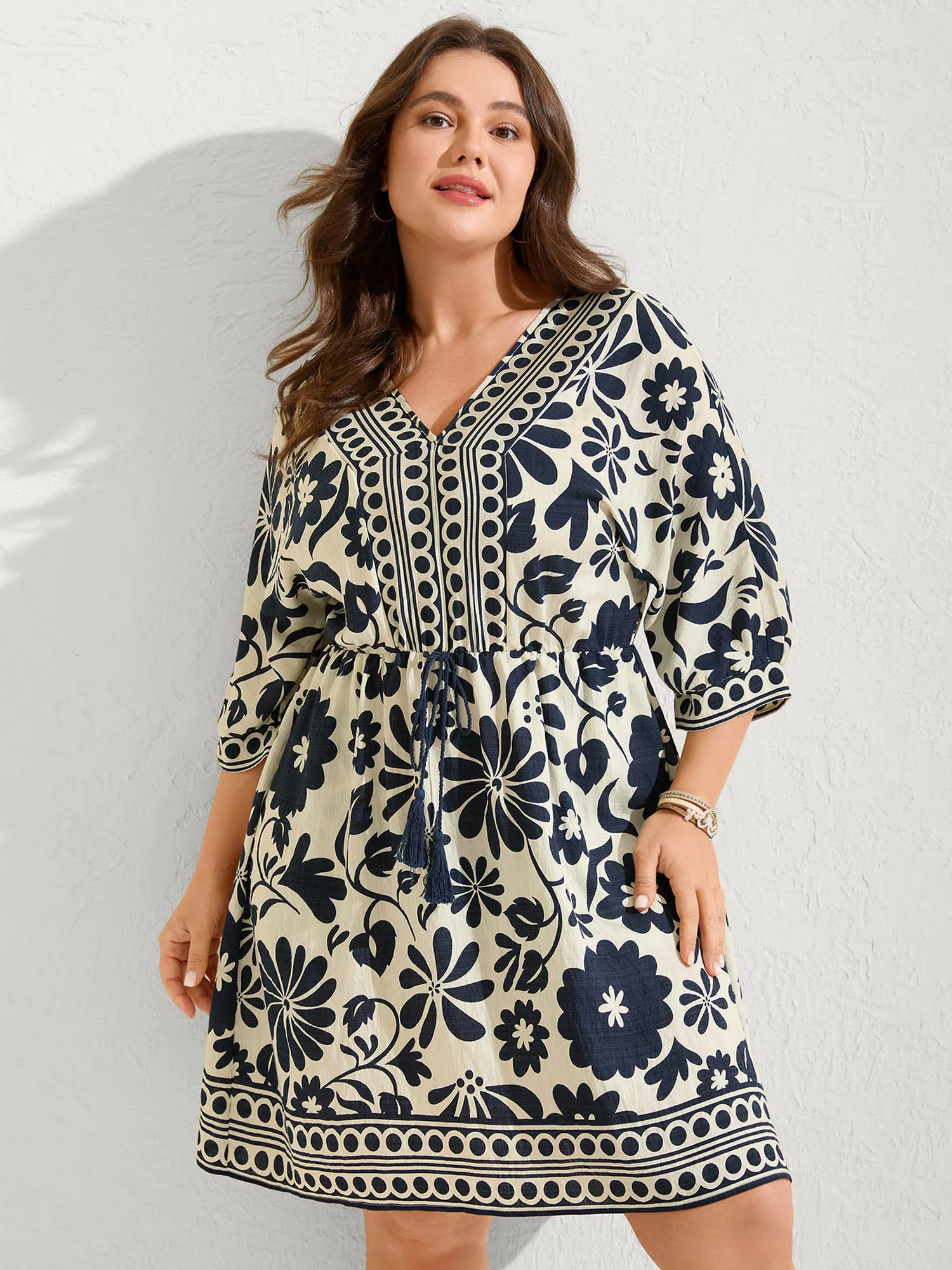 Floral Waist-Drawstring Tassel Mini Dress