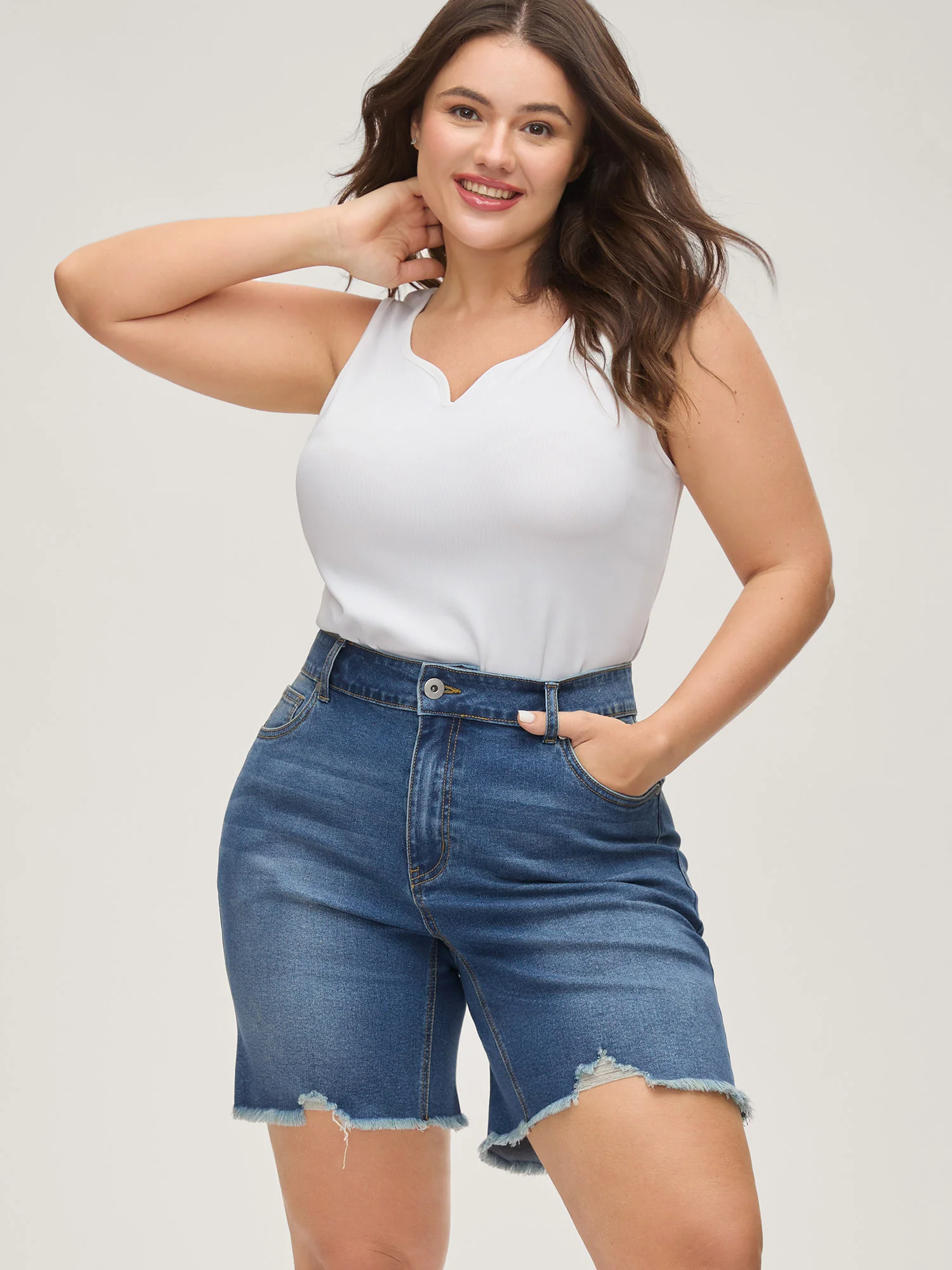 High-Rise Ripped Hem Straight-Leg Denim Shorts
