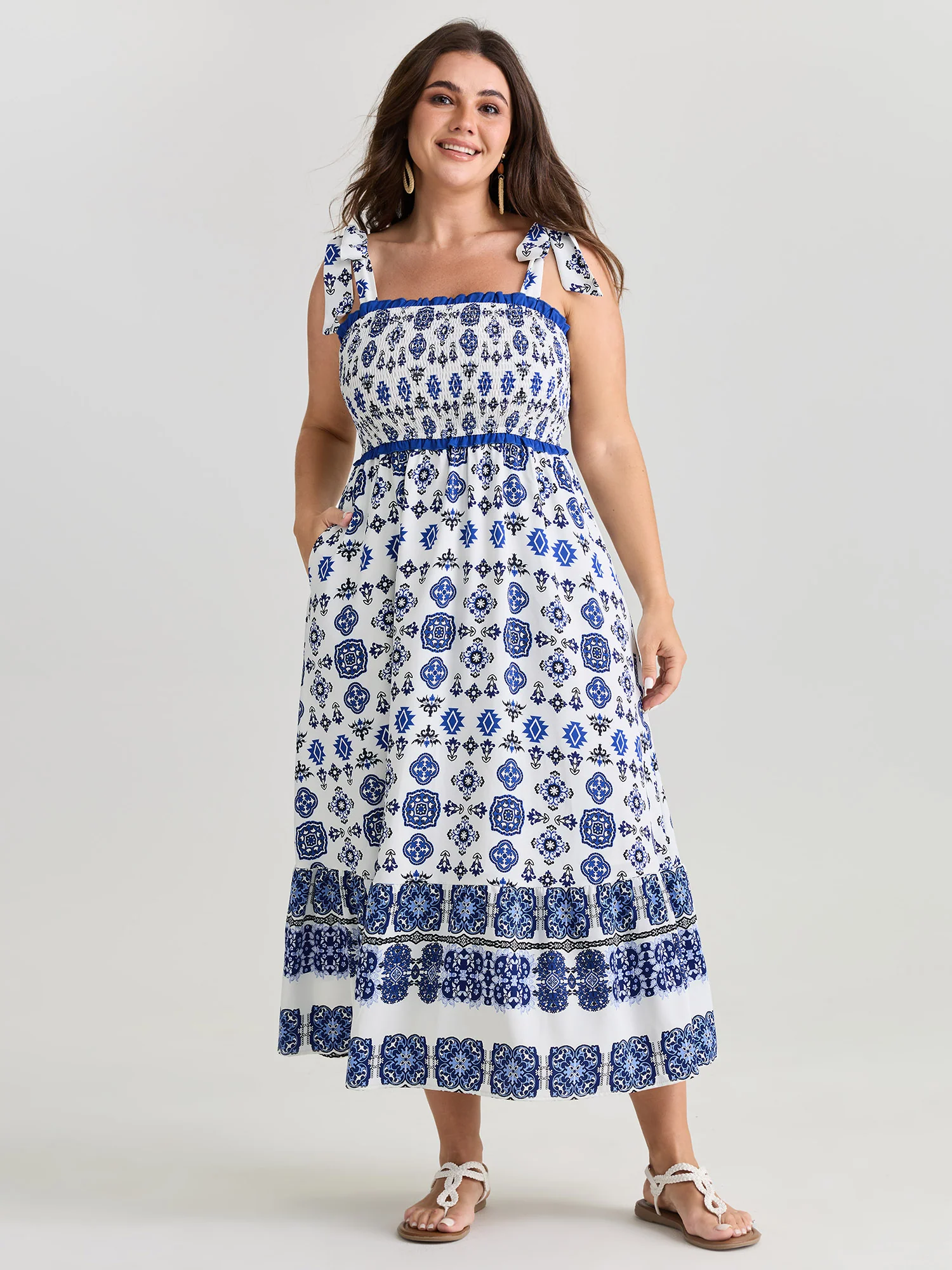 Geometric Boho Print Shoulder-Tie Contrast Maxi Dress