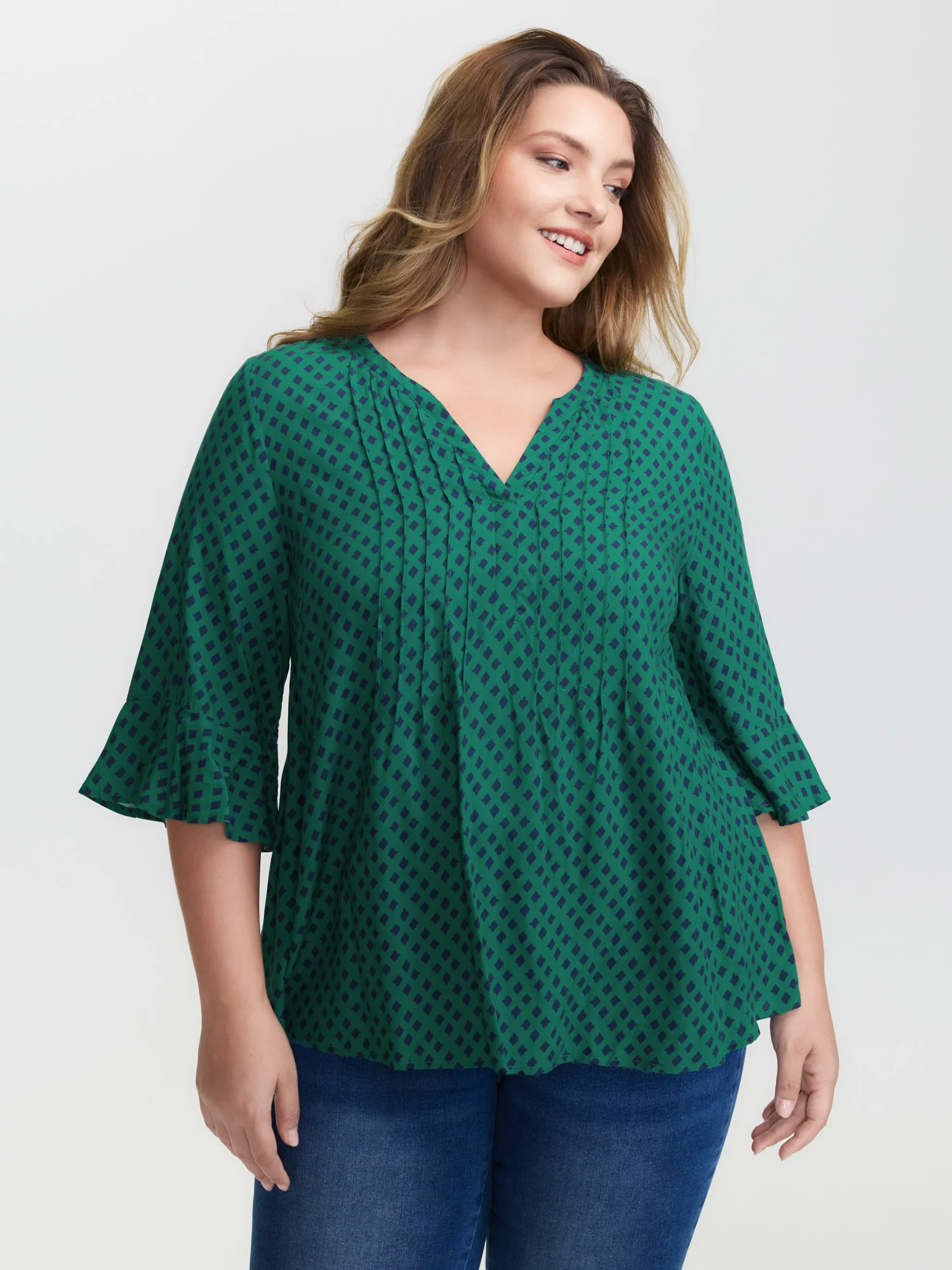 Geometric Print Bust-Ease Split Neck Blouse