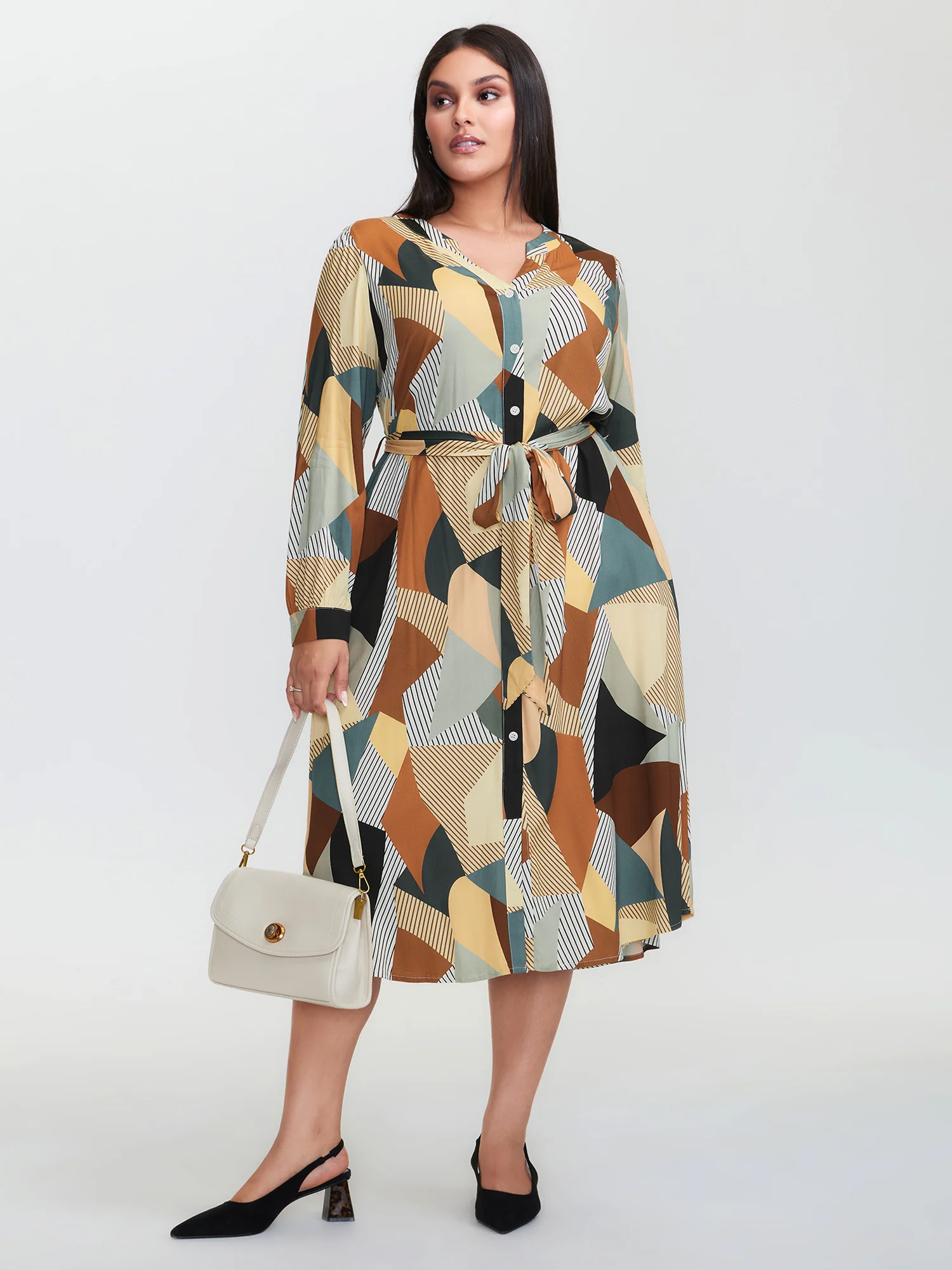 Geometric Print Contrast Tab Sleeve Midi Dress