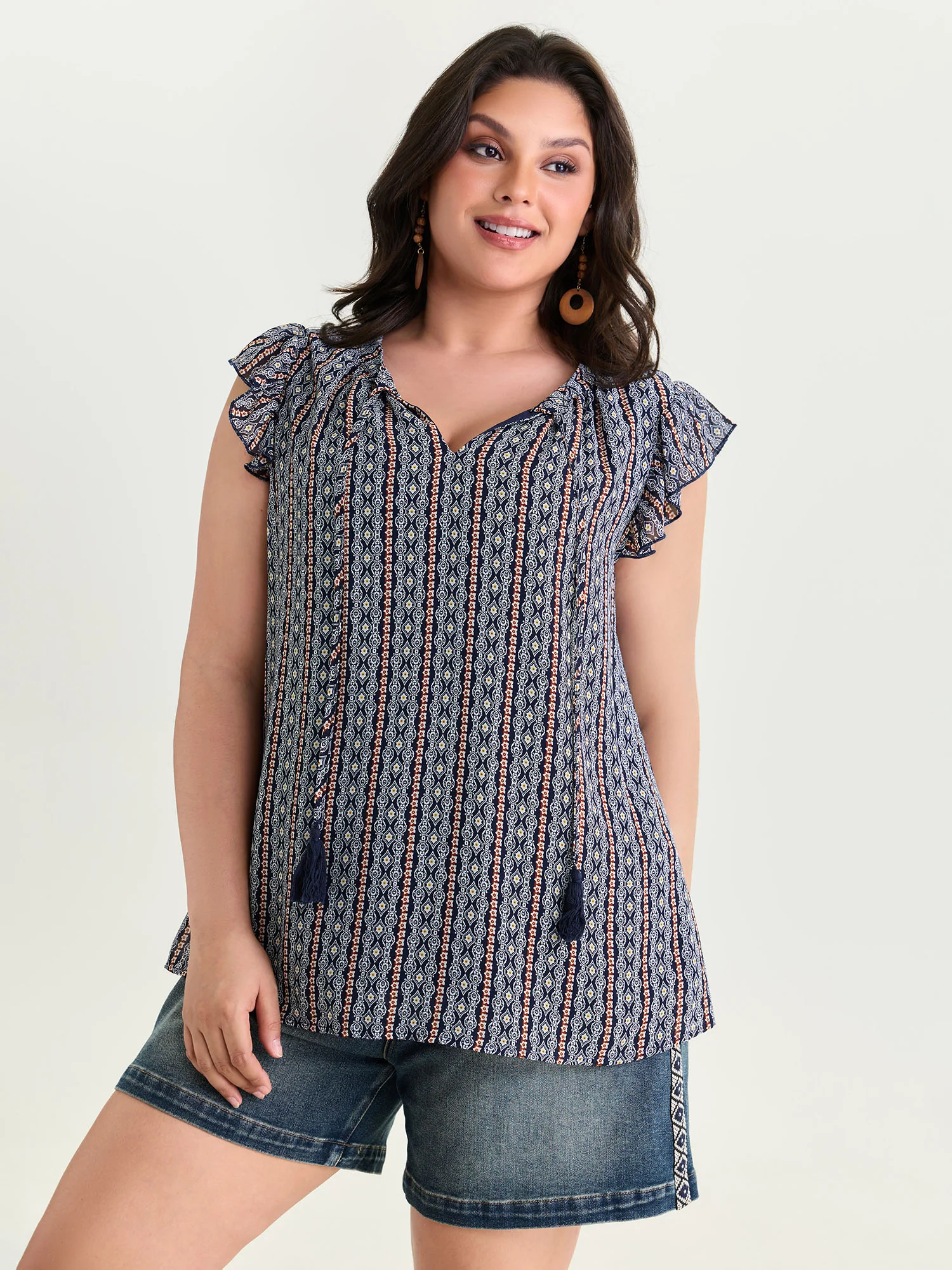 Geometric Print Flutter Sleeve Tassels Blouse
