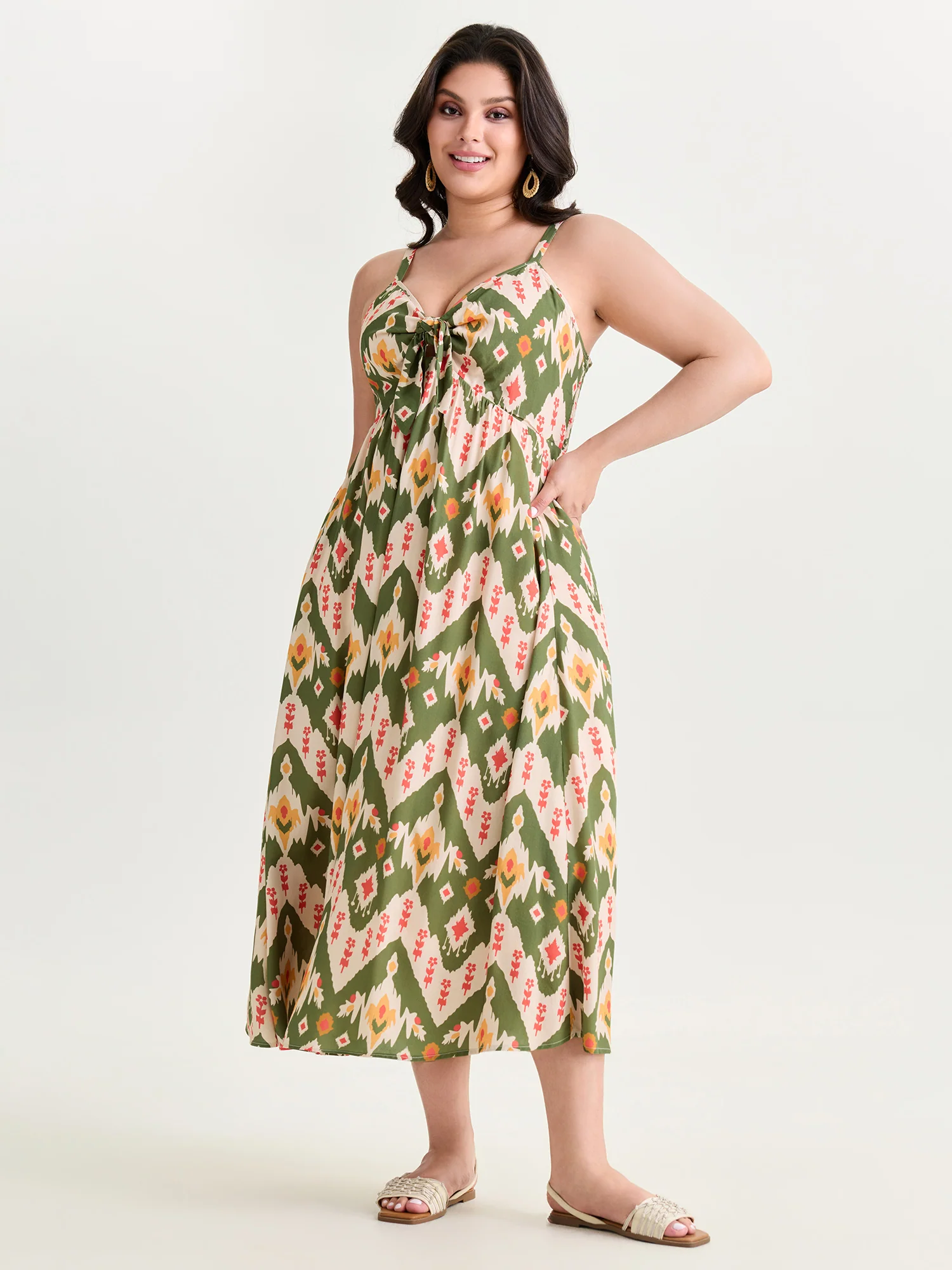 Geometric Print Knotted Front Midi Dress