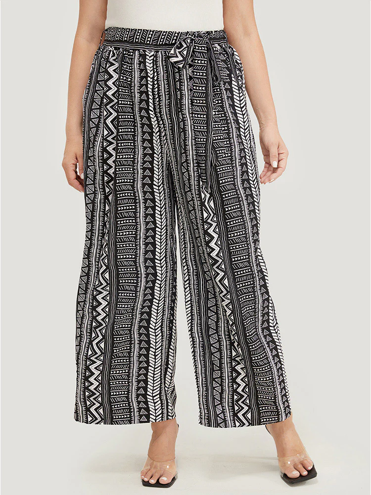 Geometric & Striped Print Belt Pocket Pants