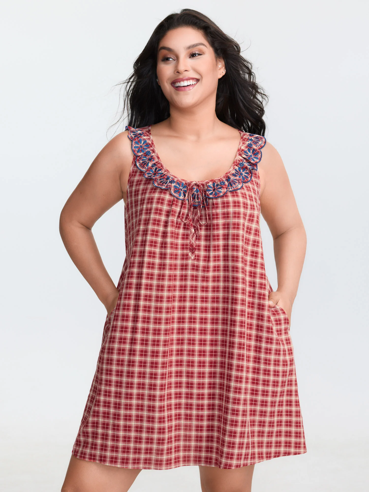 Gingham Embroidered Neckline Flowy Lounge Dress