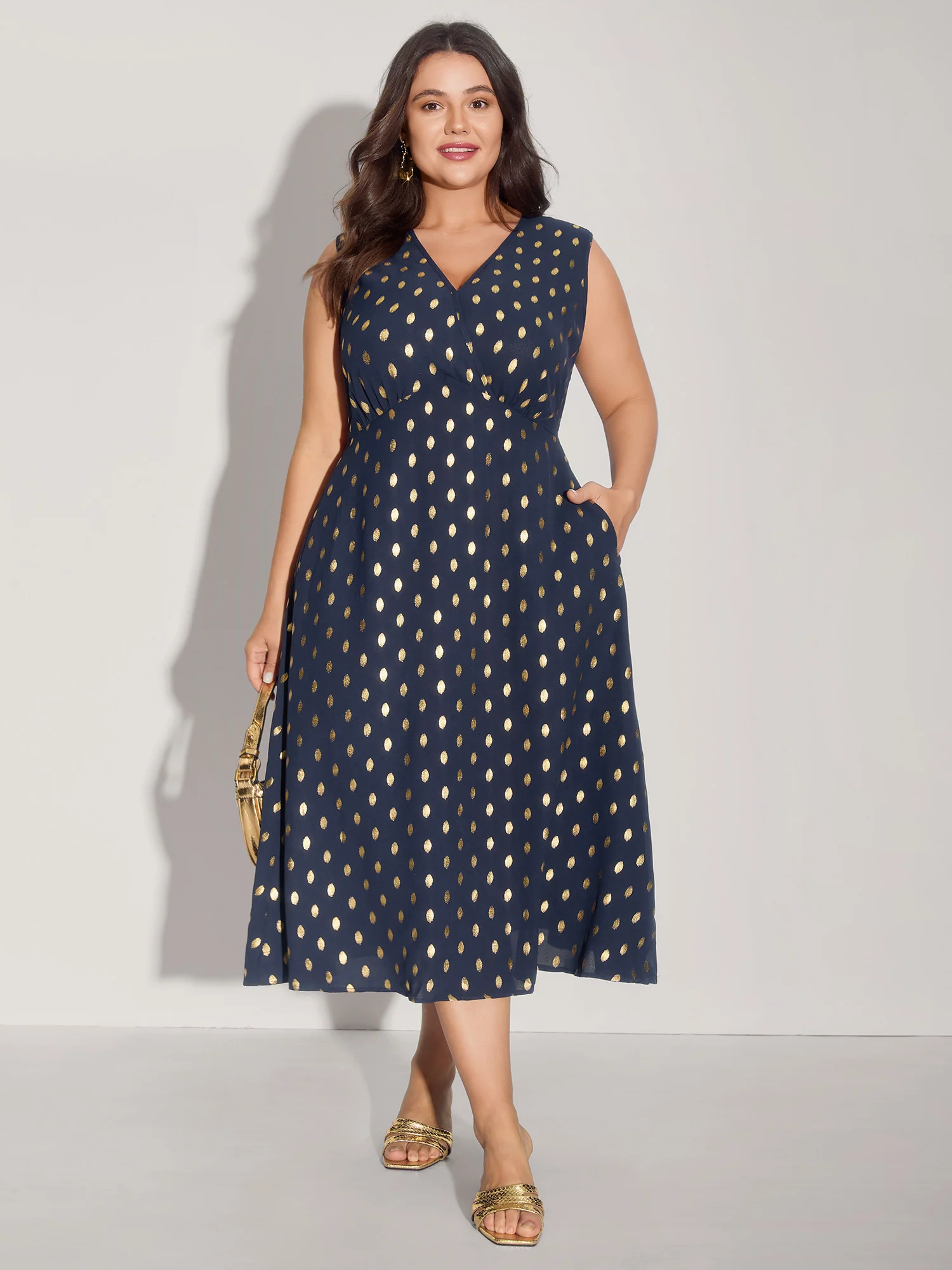 Gold Polka Dots Waist-Defining Midi Dress