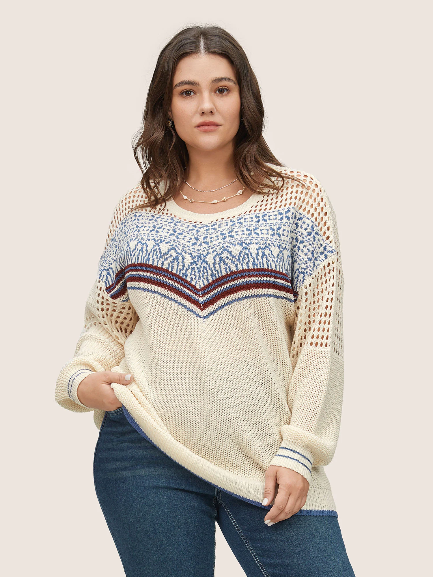 Graphic Contrast Patchwork Hollow Out Pullover