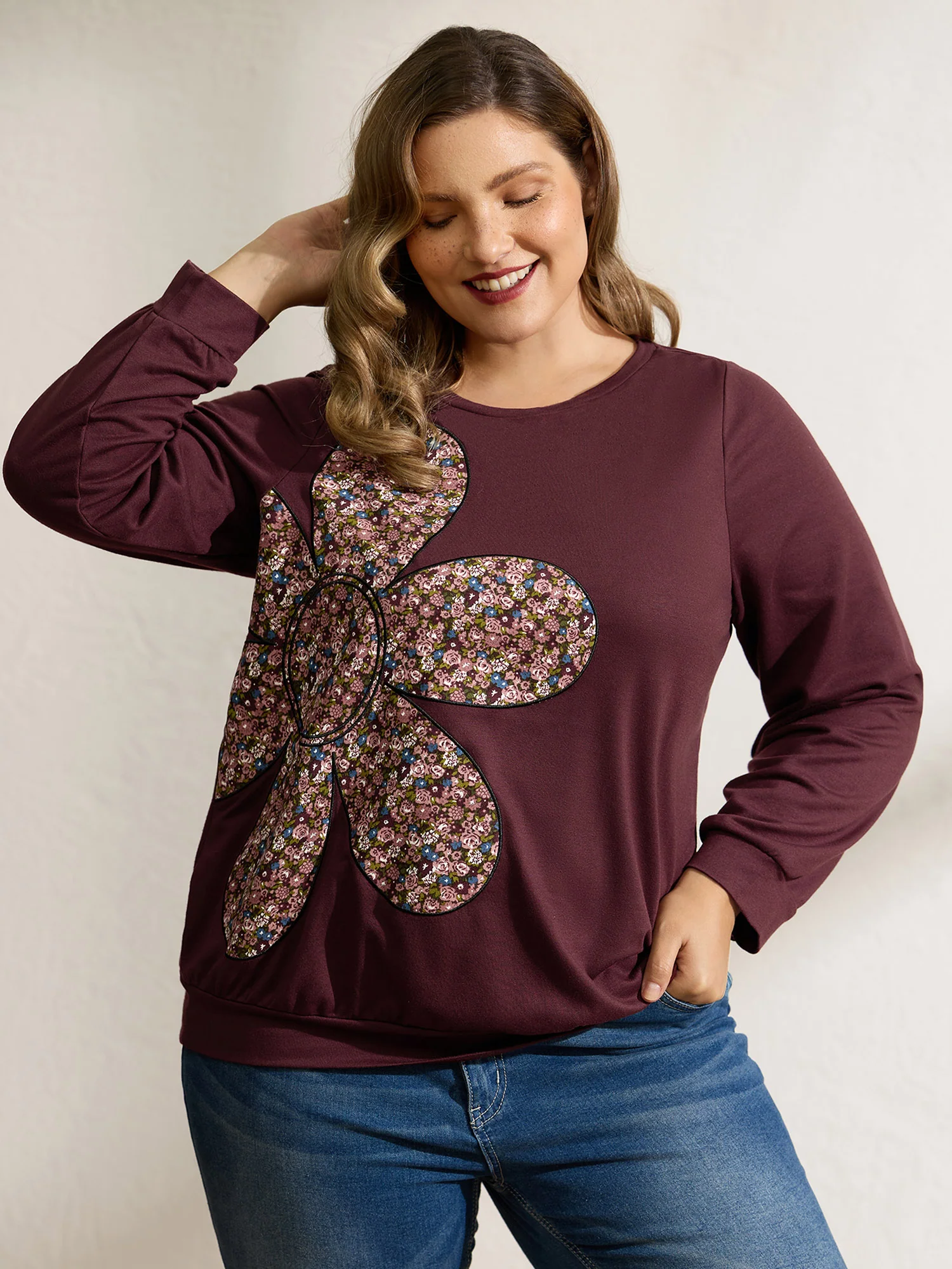 Half Floral Applique Embroidery Sweatshirt