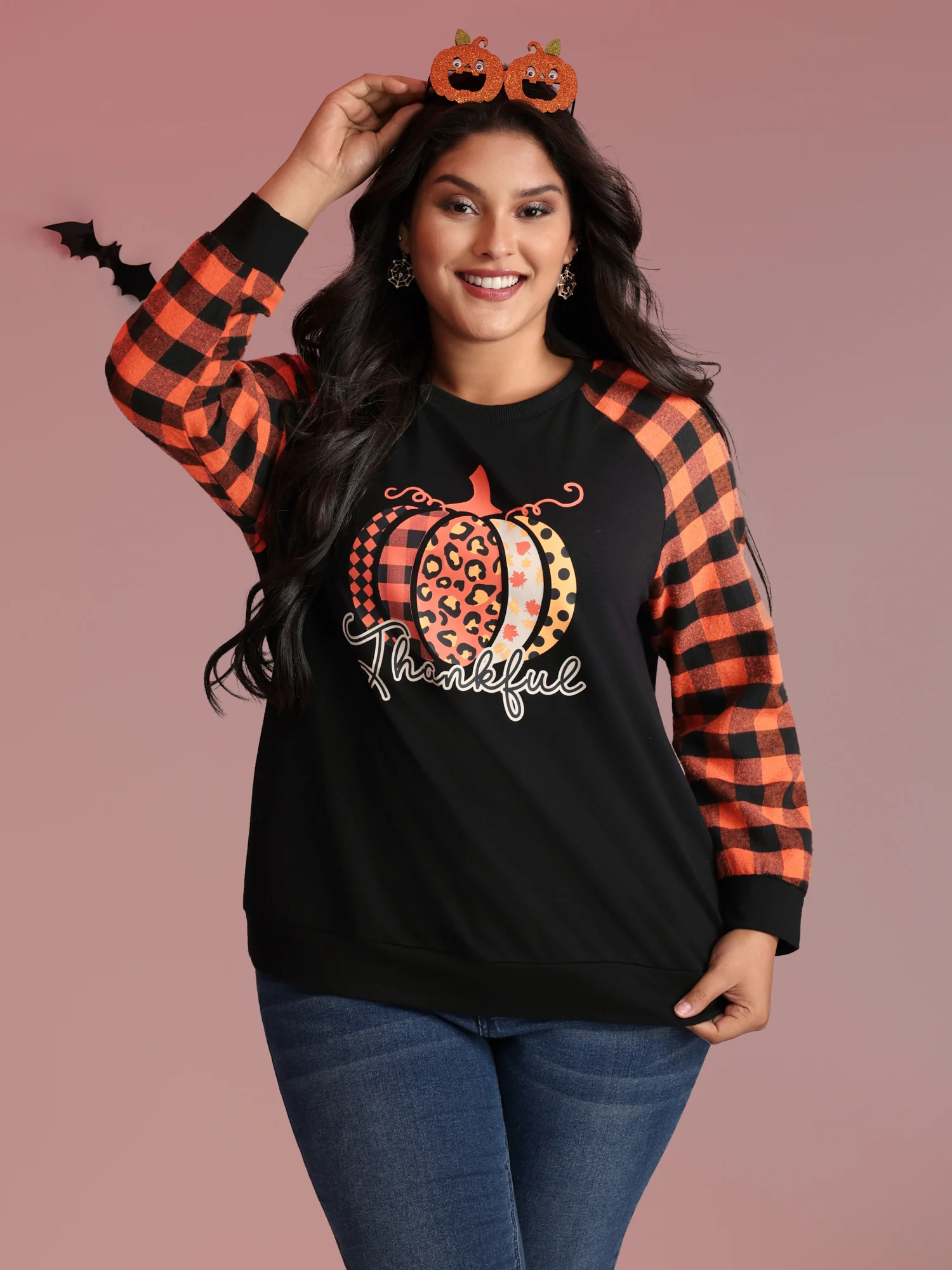 Halloween Pumpkin Plaid Stretchy Sweatshirt