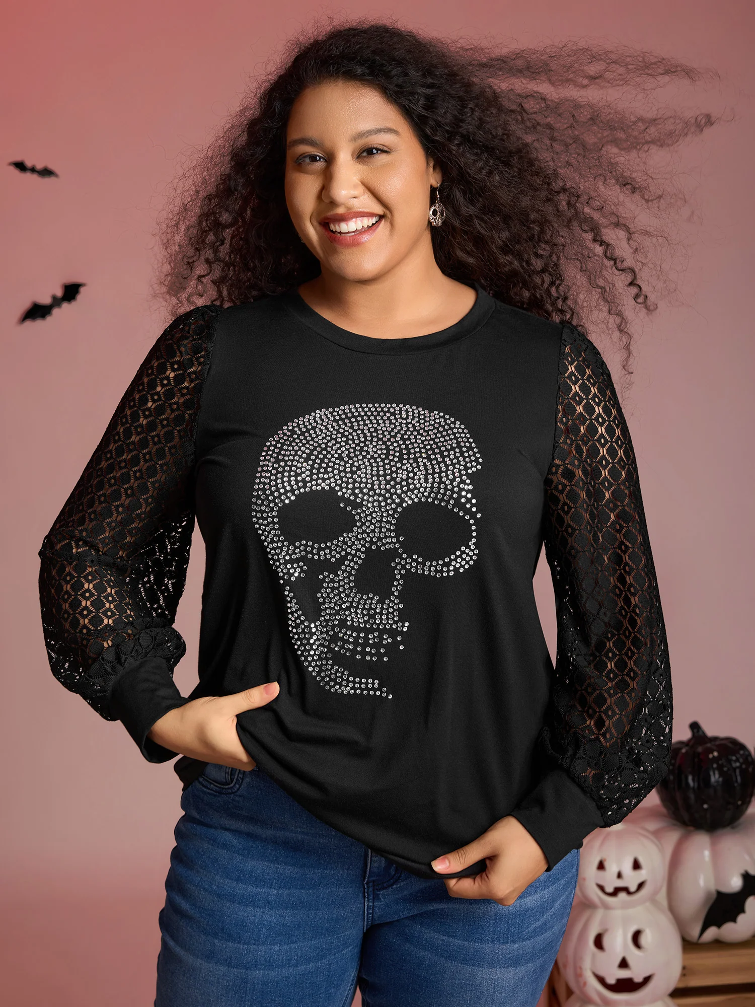 Halloween Skull Shimmery Rhinestones Lace T-Shirt