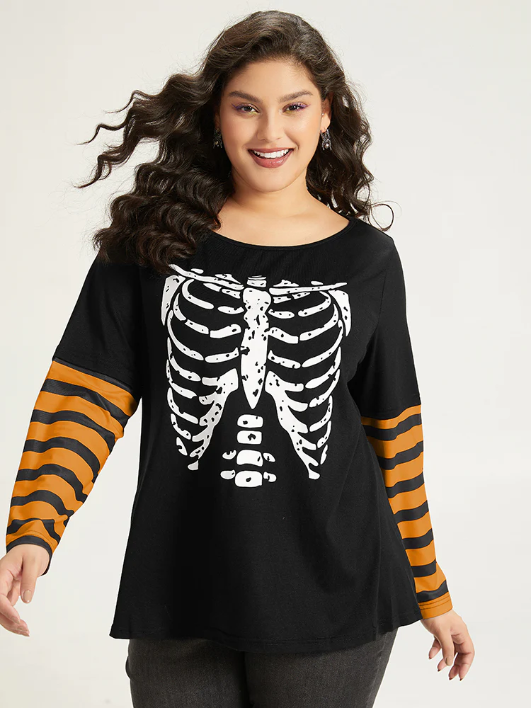 Halloween Striped & Skull Print Patchwork T-shirt
