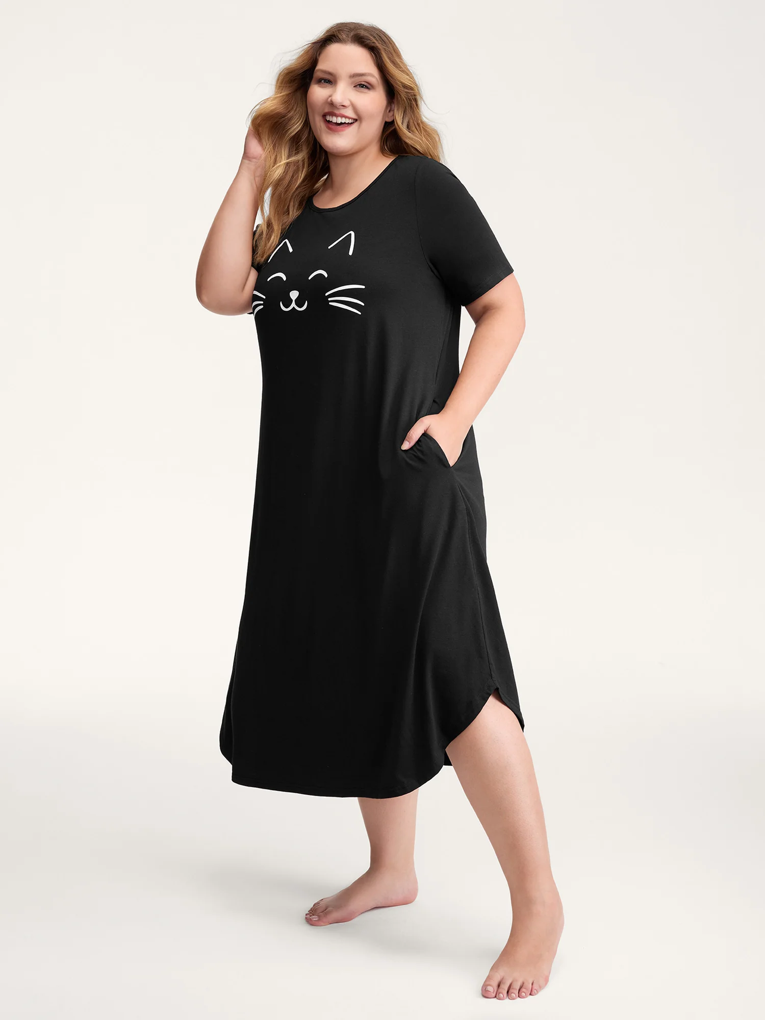 Happy Cat Print Stretchy Contrast Nightgown