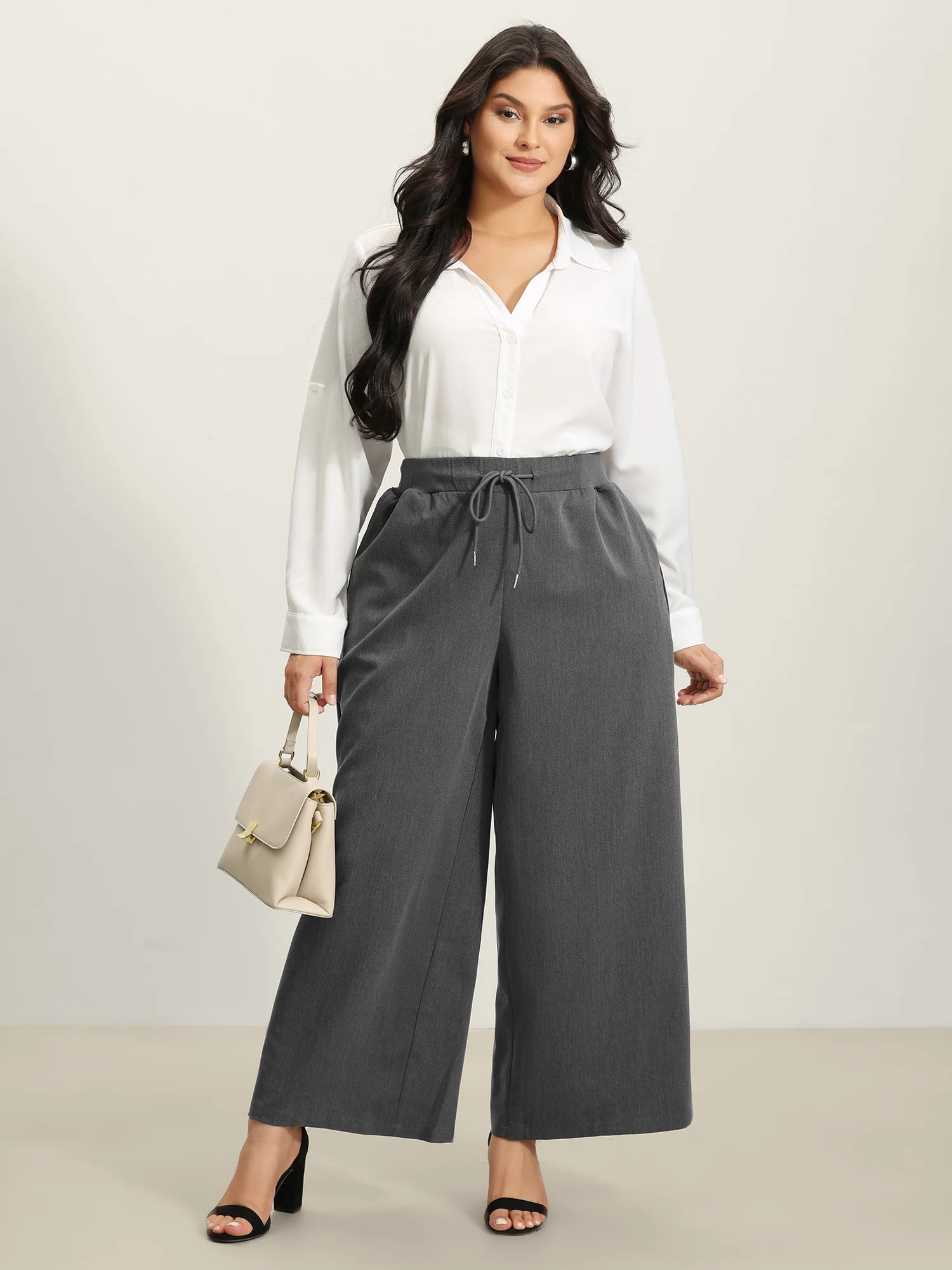 Heather Drawstring Waist Wide-Leg Pants