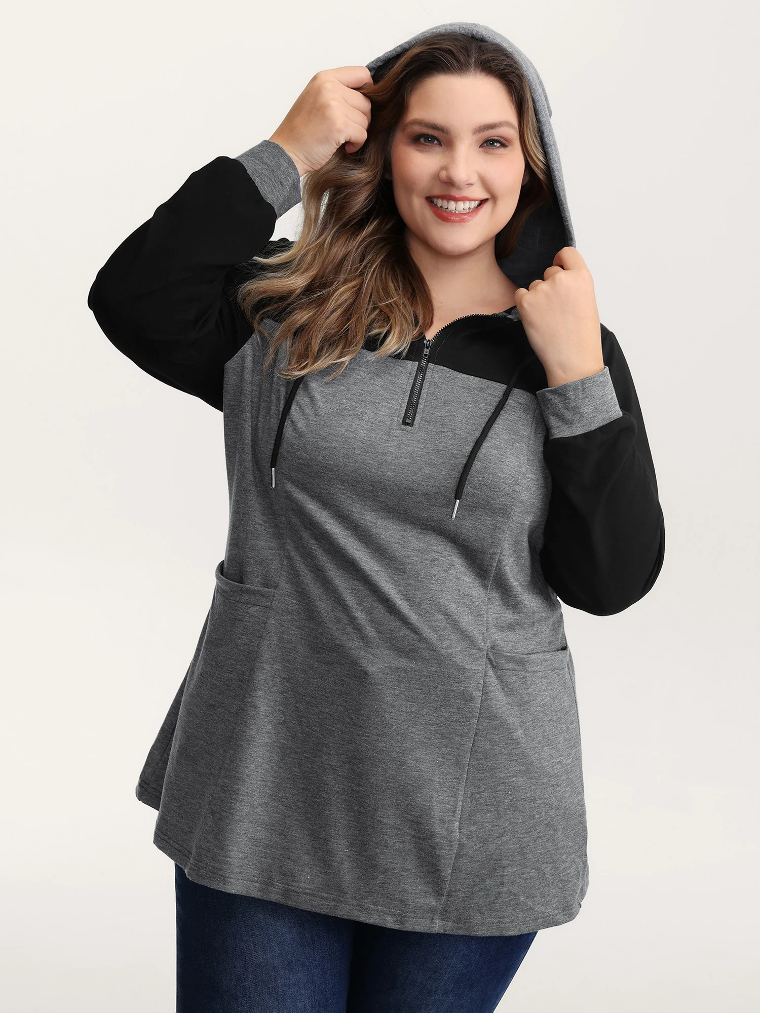 Heather Stretchy Colorblock Long Hoodie