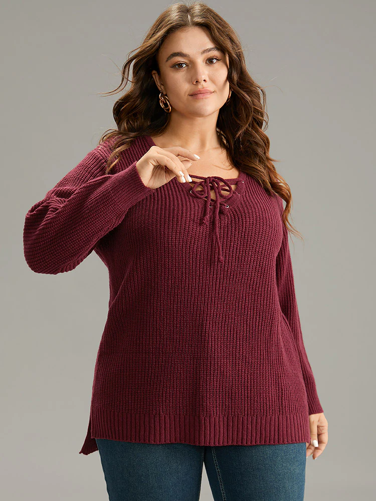 High Low Hem Lace Up Split Side Pullover